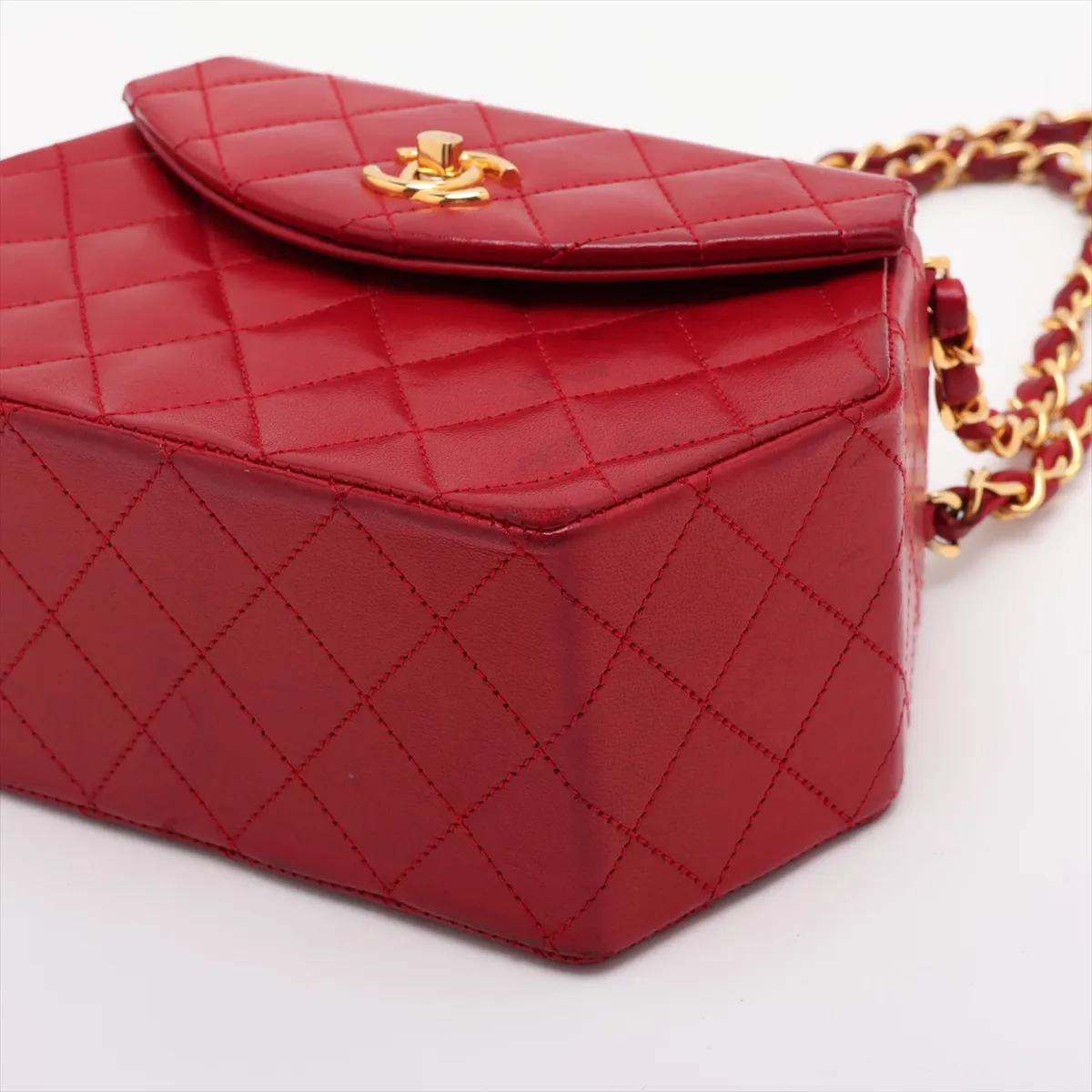 Matelassé Lambskin Chain Handbag, Octagon Shape, Red with Gold Hardware — view 3