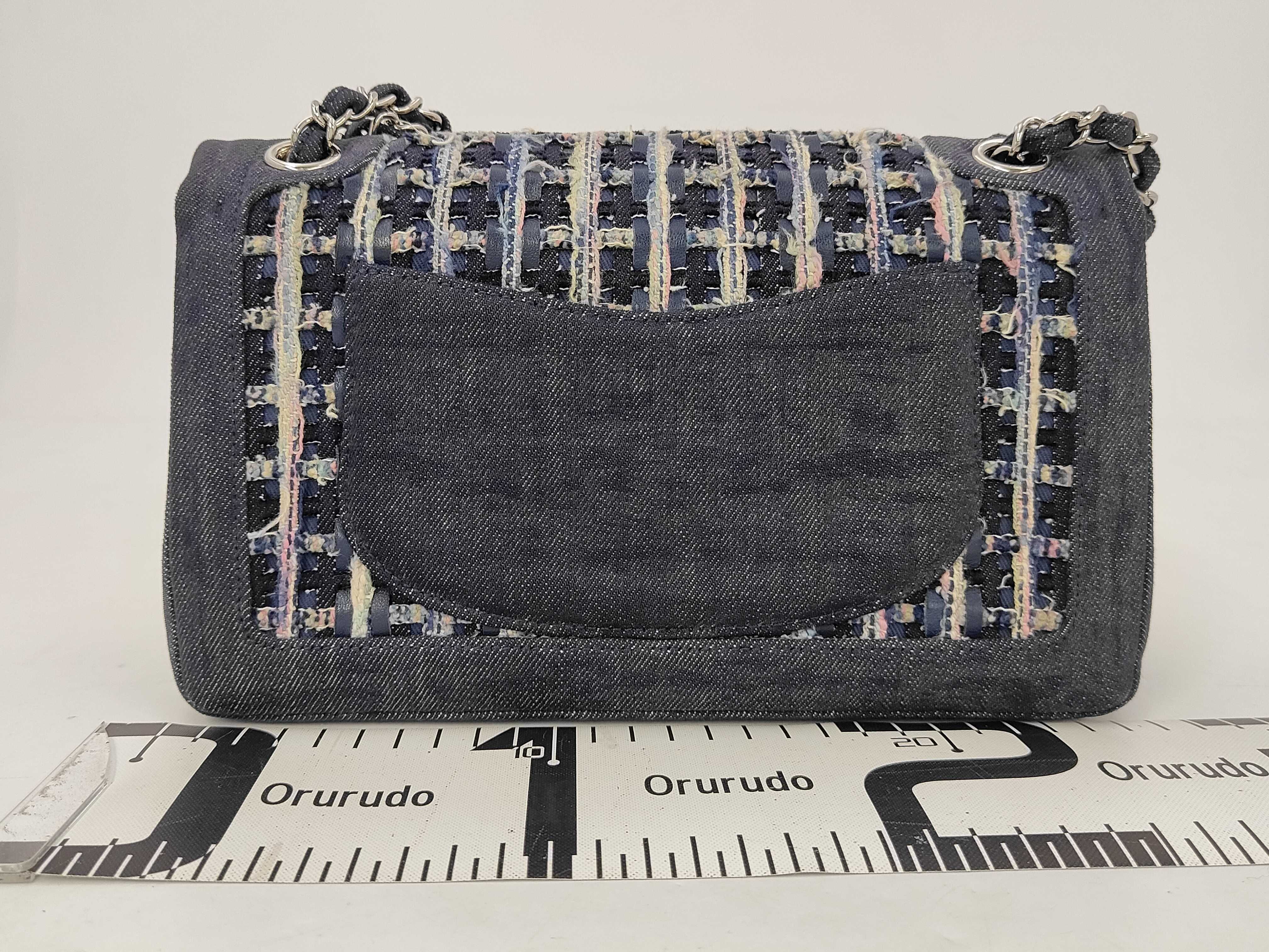 Double Flap Denim x Tweed Shoulder Bag (Serial No. 25) Navy with Silver Hardware — view 2