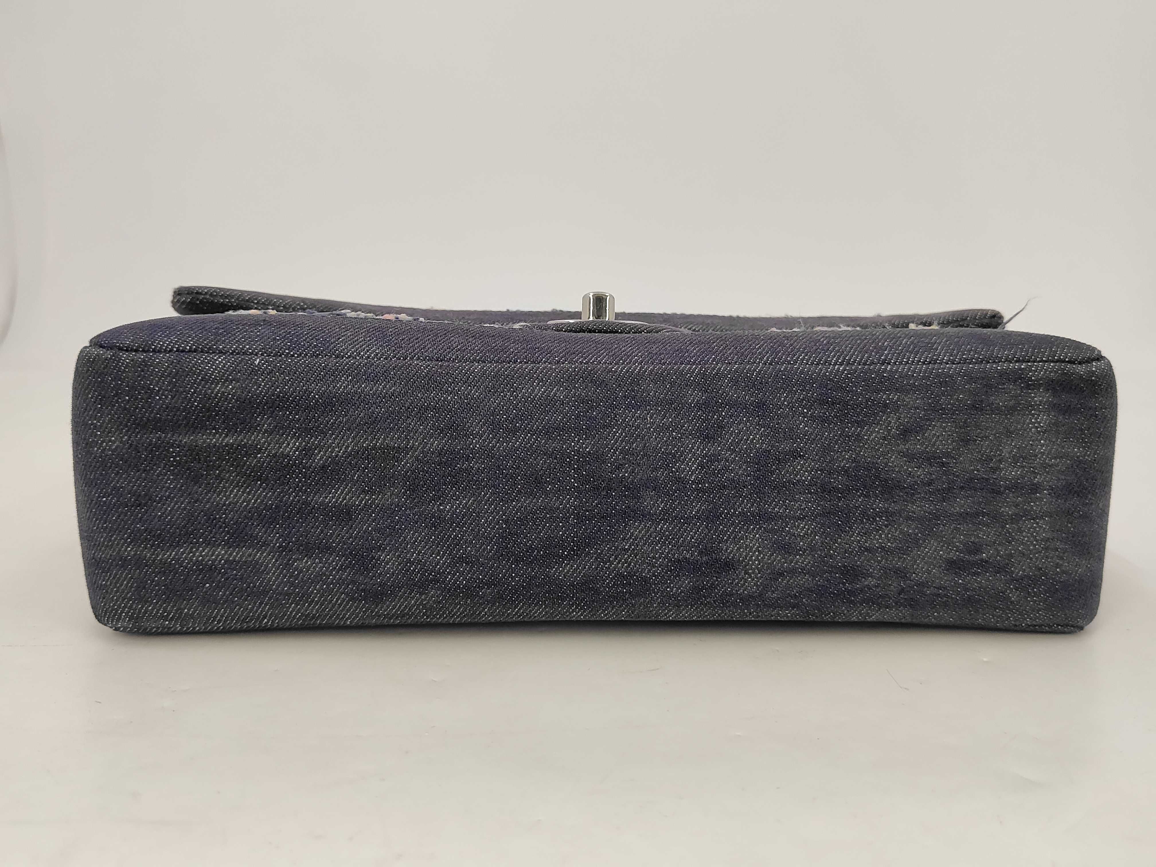 Double Flap Denim x Tweed Shoulder Bag (Serial No. 25) Navy with Silver Hardware — view 4