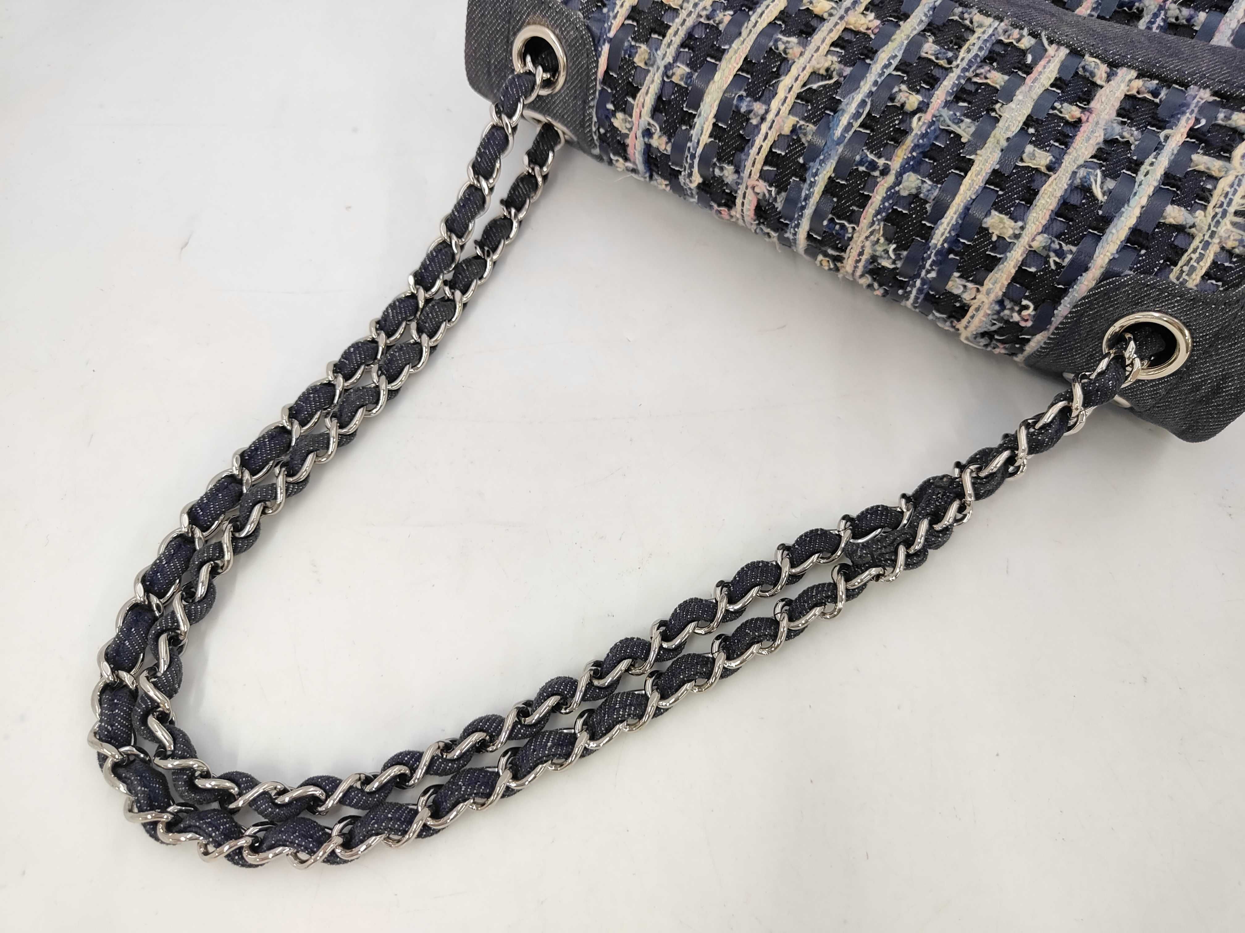 Double Flap Denim x Tweed Shoulder Bag (Serial No. 25) Navy with Silver Hardware — view 5