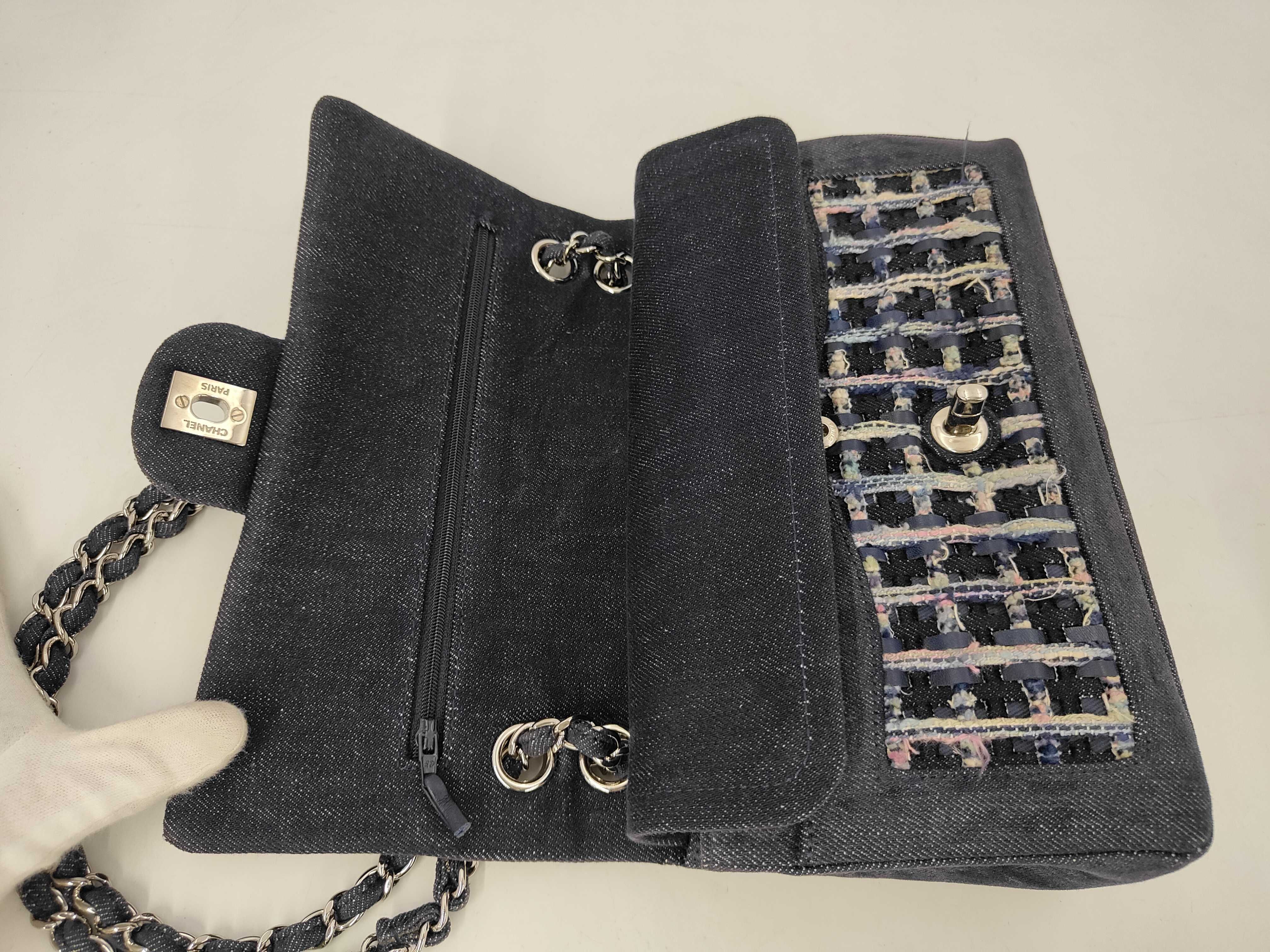 Double Flap Denim x Tweed Shoulder Bag (Serial No. 25) Navy with Silver Hardware — view 8