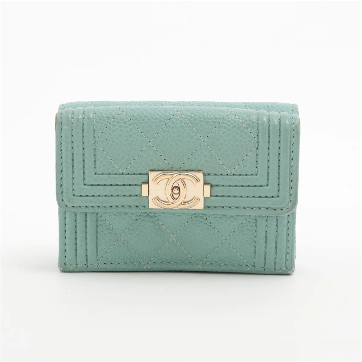 Boy Chanel Caviar Skin Compact Wallet, Green with Gold Hardware, 28965594