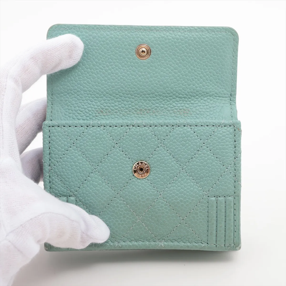 Boy Chanel Caviar Skin Compact Wallet, Green with Gold Hardware, 28965594 — view 3