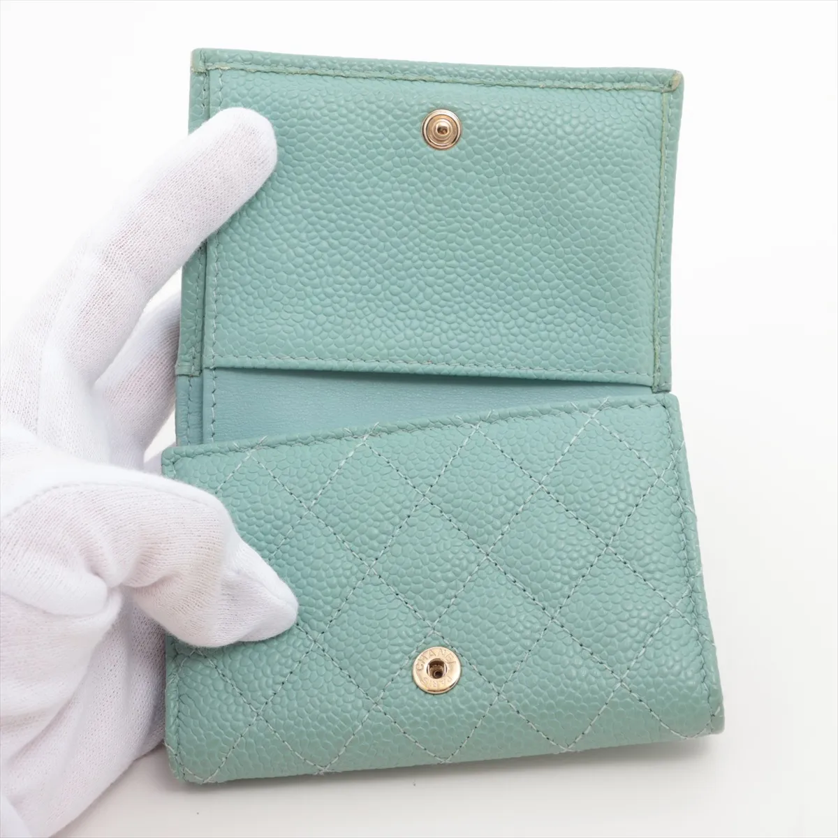 Boy Chanel Caviar Skin Compact Wallet, Green with Gold Hardware, 28965594 — view 4