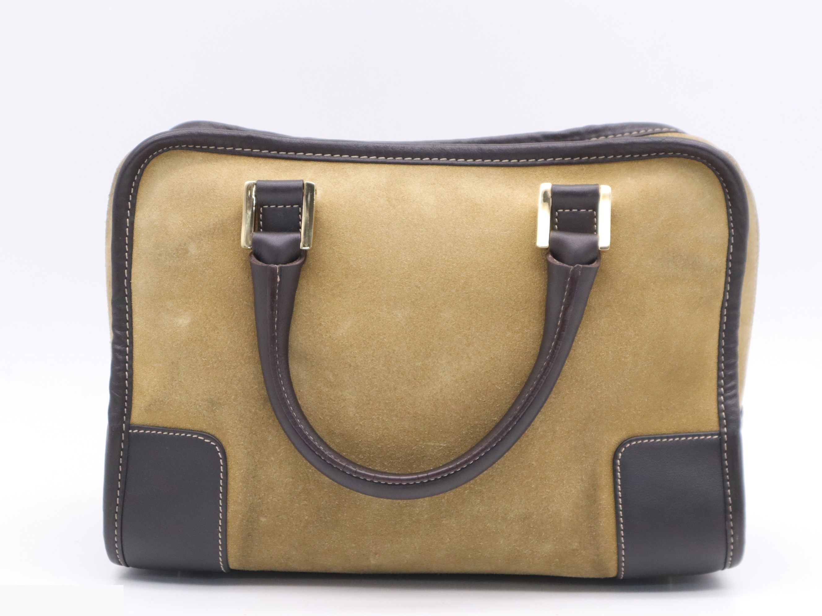 Suede and leather Amazona handbag, beige and brown, gold hardware. — view 2