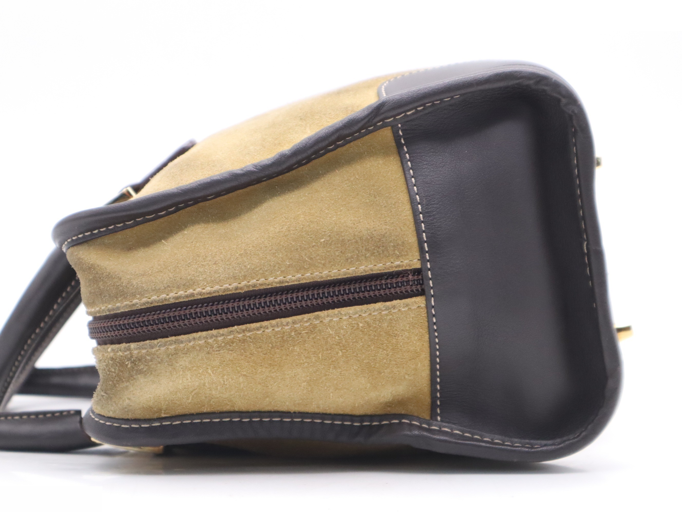 Suede and leather Amazona handbag, beige and brown, gold hardware. — view 3