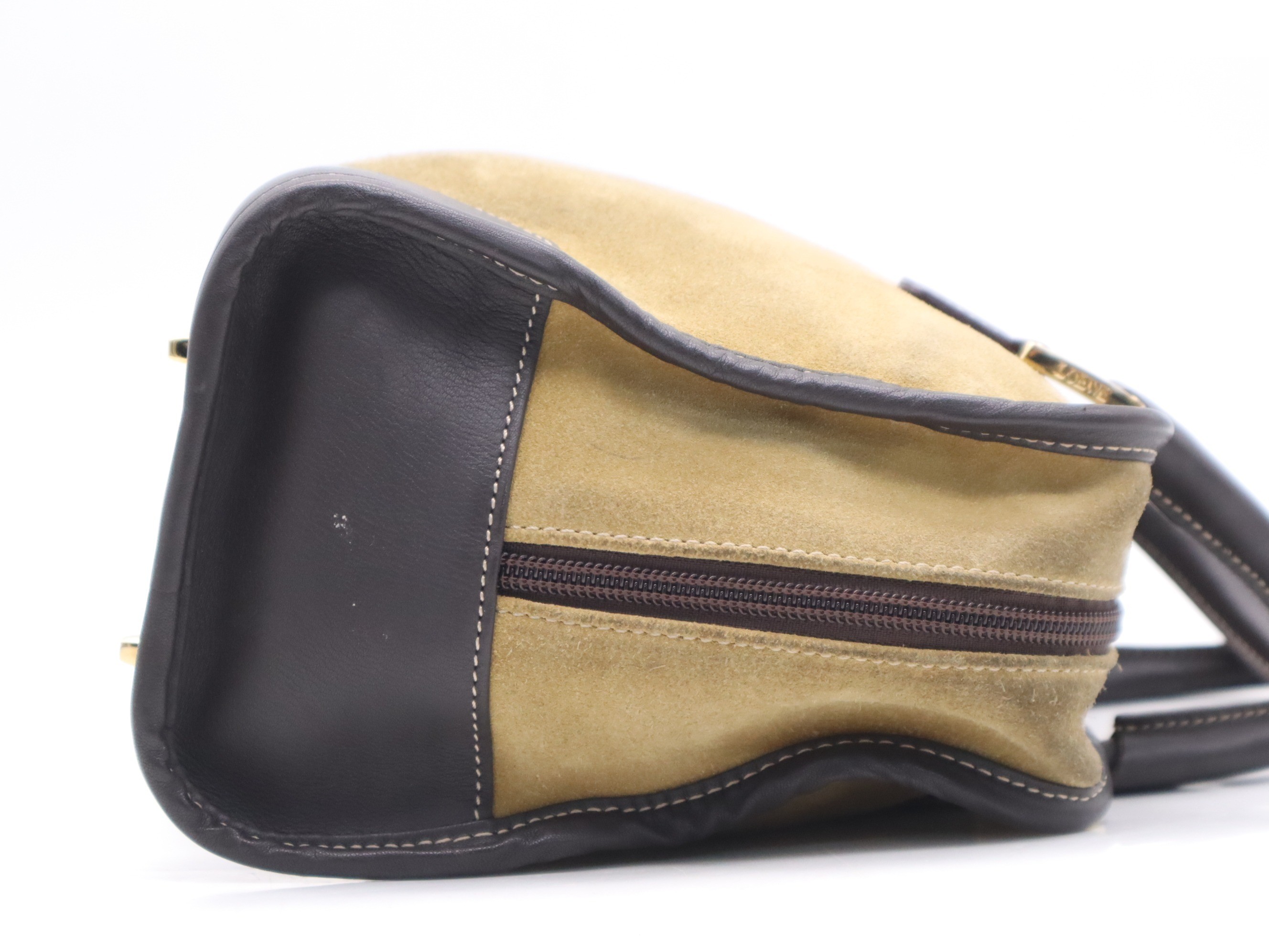 Suede and leather Amazona handbag, beige and brown, gold hardware. — view 5