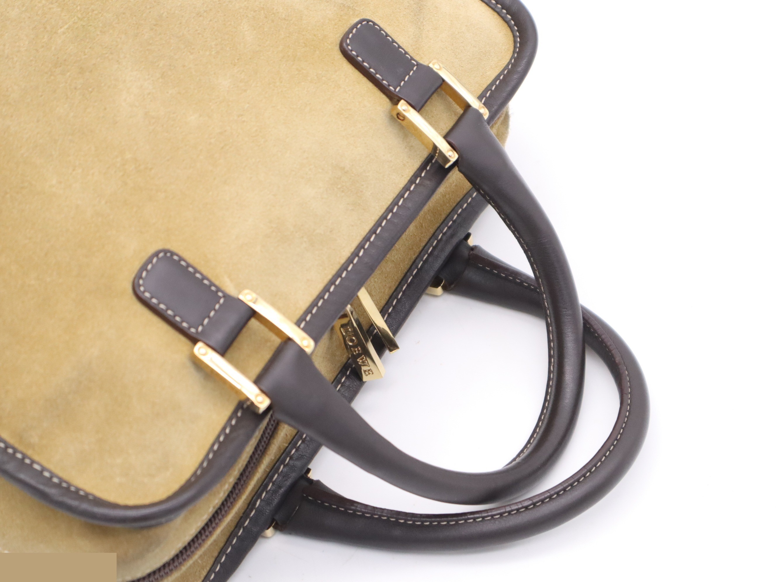 Suede and leather Amazona handbag, beige and brown, gold hardware. — view 6