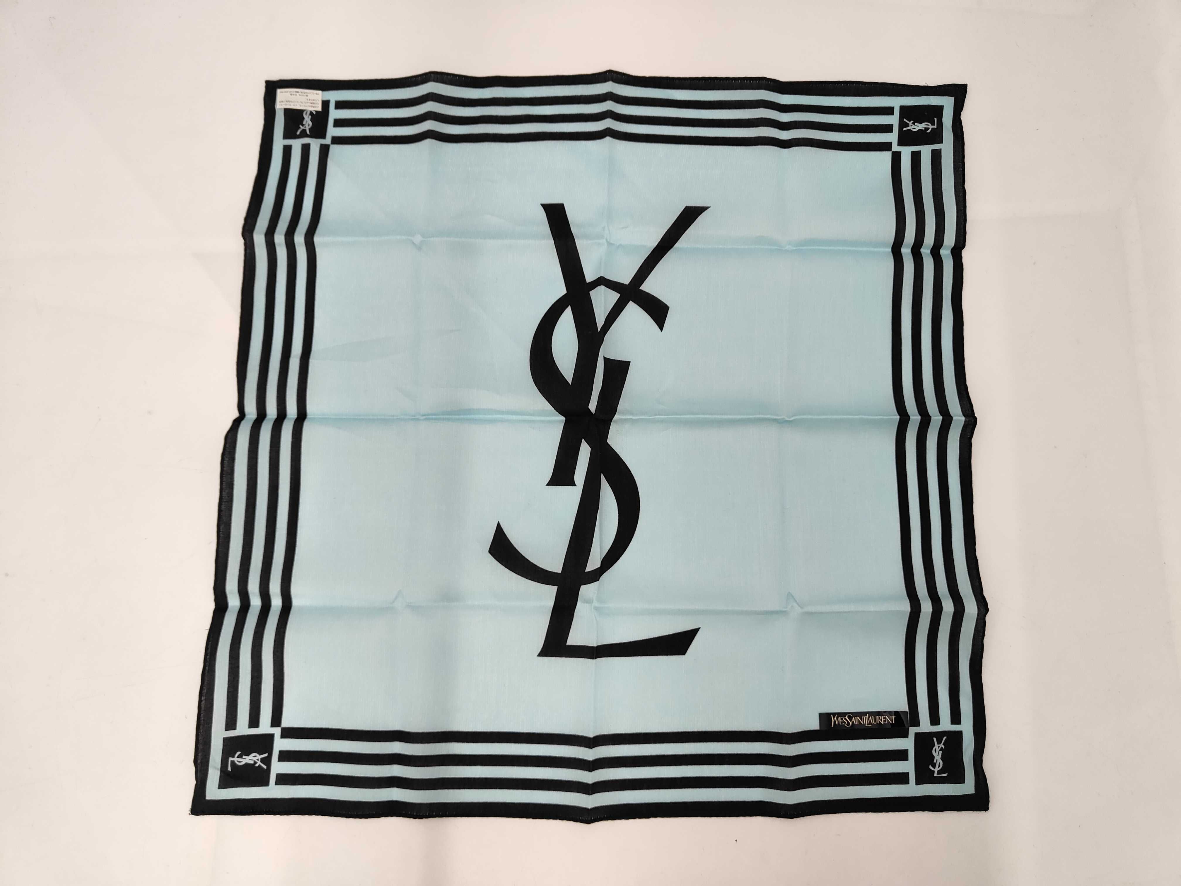 handkerchief/scarf with sticker, YSL big logo, blue, other accessories.