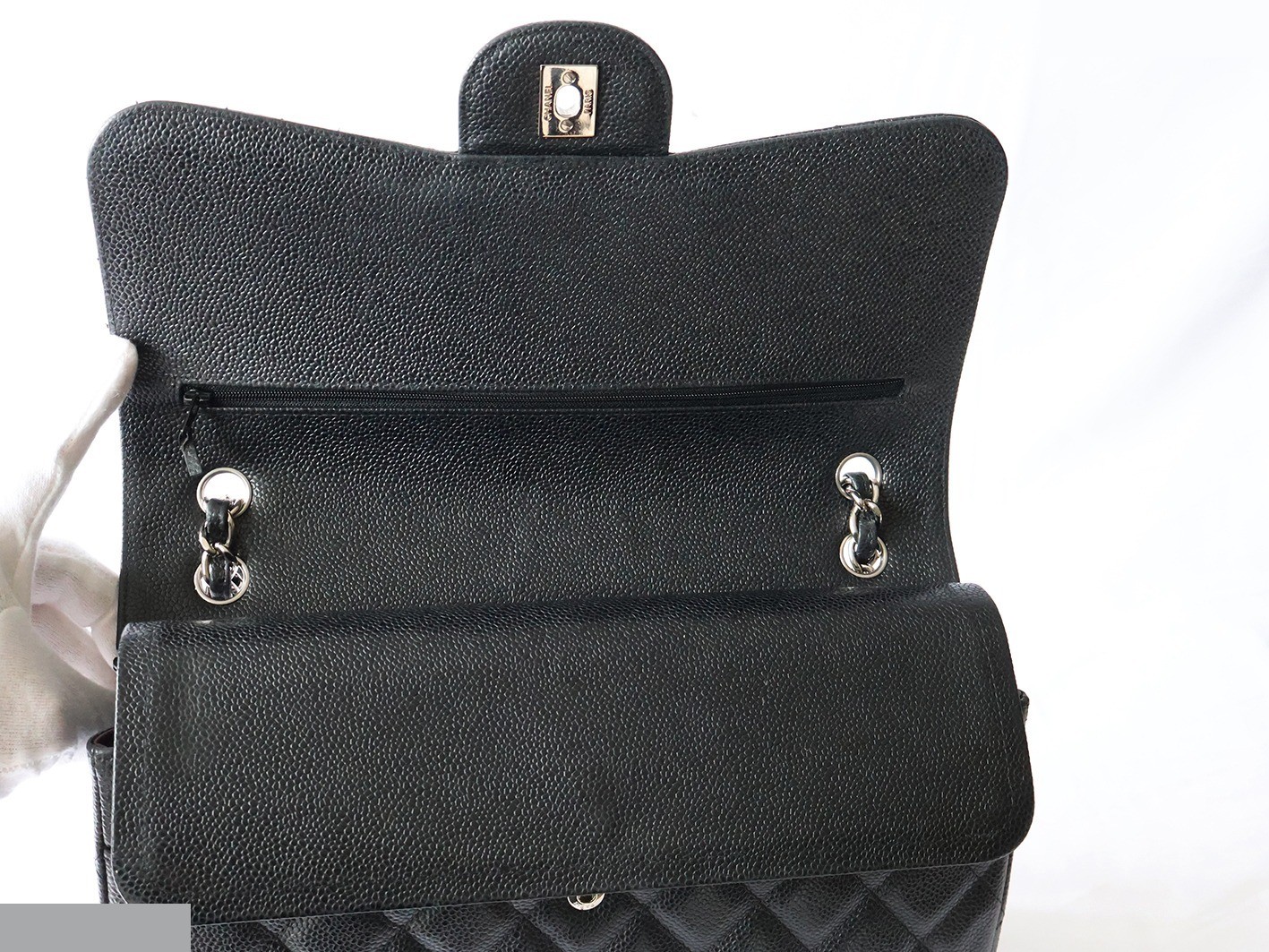 Caviar leather large matelassé bag, size 30, double flap, double chain, black. — view 10