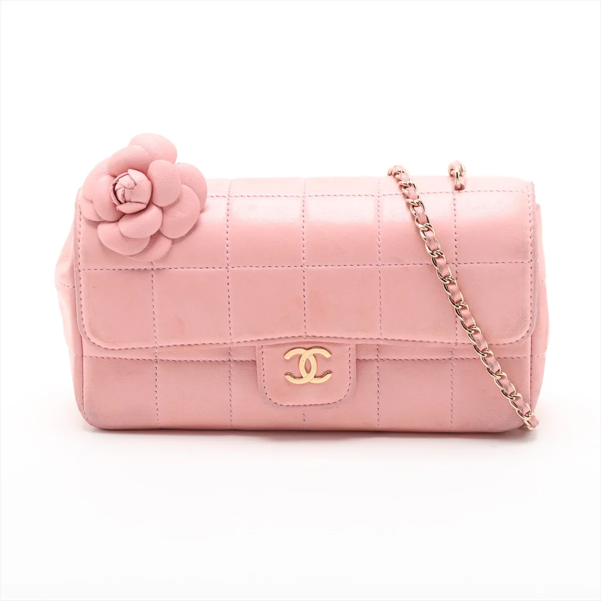 Chocolate Bar Lambskin Chain Shoulder Bag, Camellia Design, Pink with Gold Hardware, 9194680, Series 9