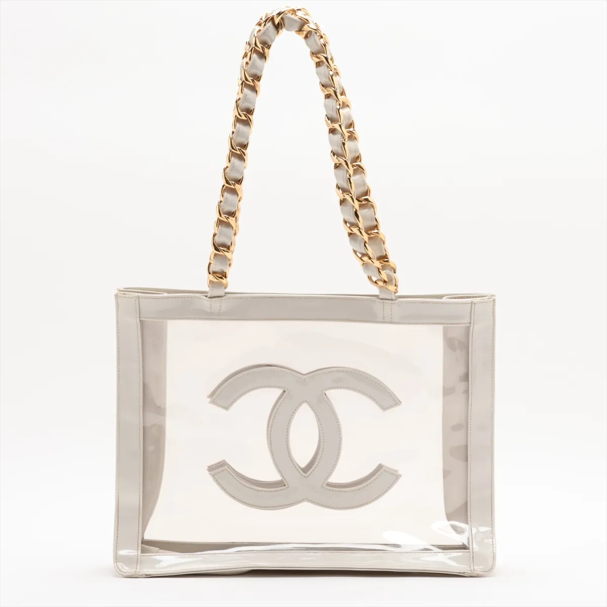Coco Mark Vinyl Chain Tote Bag, White with Gold Hardware — view 2