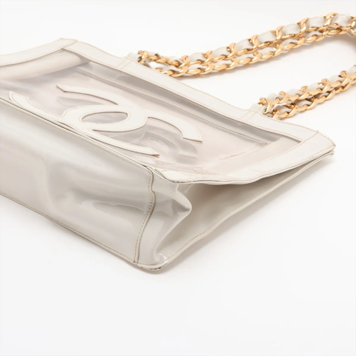 Coco Mark Vinyl Chain Tote Bag, White with Gold Hardware — view 3