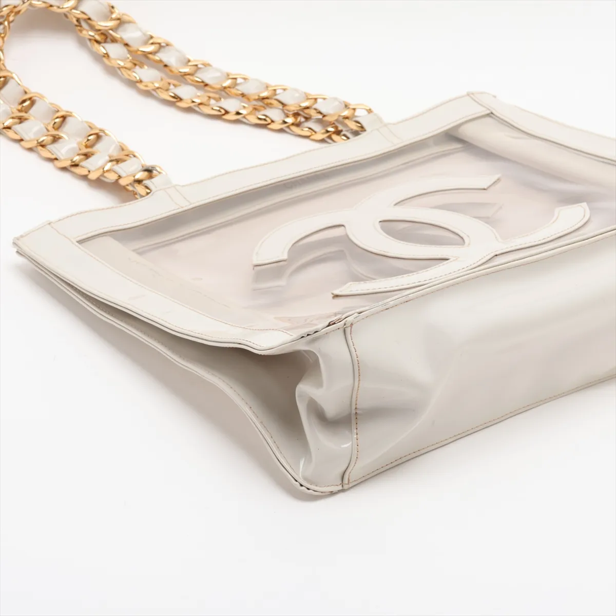 Coco Mark Vinyl Chain Tote Bag, White with Gold Hardware — view 4