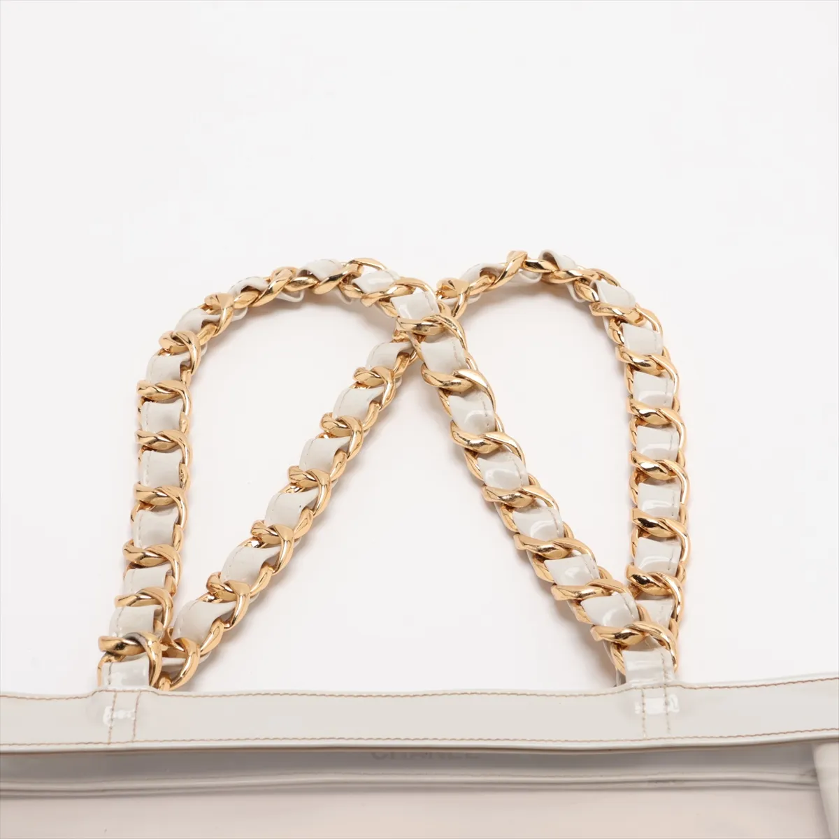 Coco Mark Vinyl Chain Tote Bag, White with Gold Hardware — view 6