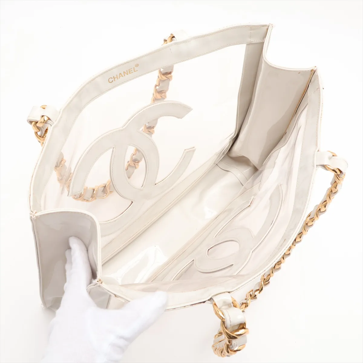Coco Mark Vinyl Chain Tote Bag, White with Gold Hardware — view 7