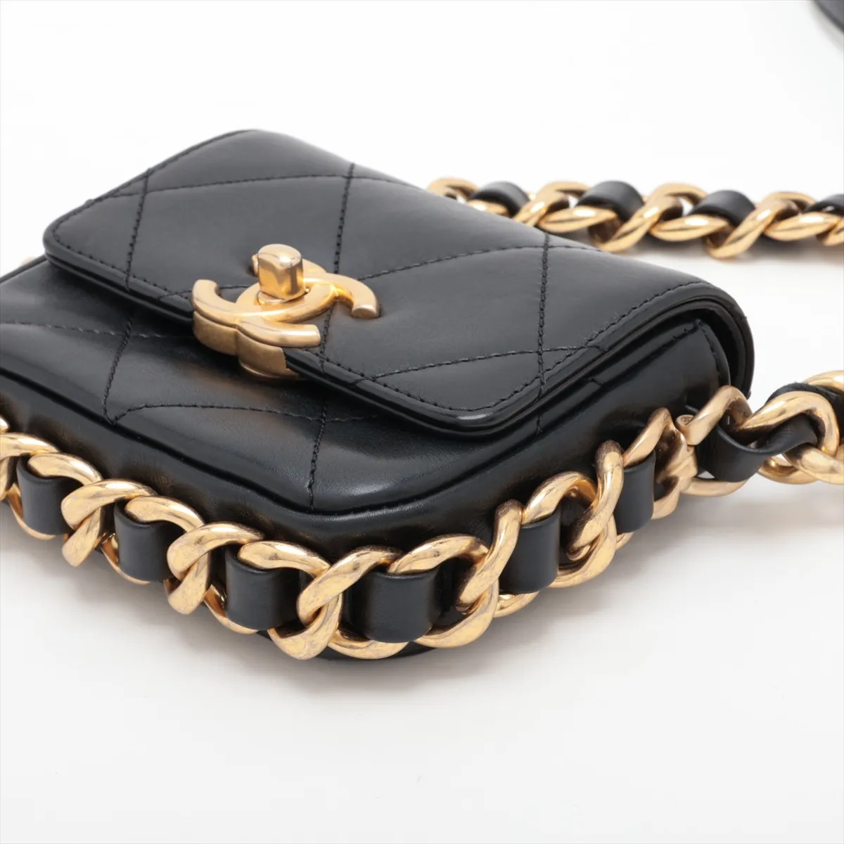 Mini Matelassé Lambskin Chain Shoulder Bag, Chain Around, Black, Gold Hardware, JEN4C4U5, Random Plate — view 3