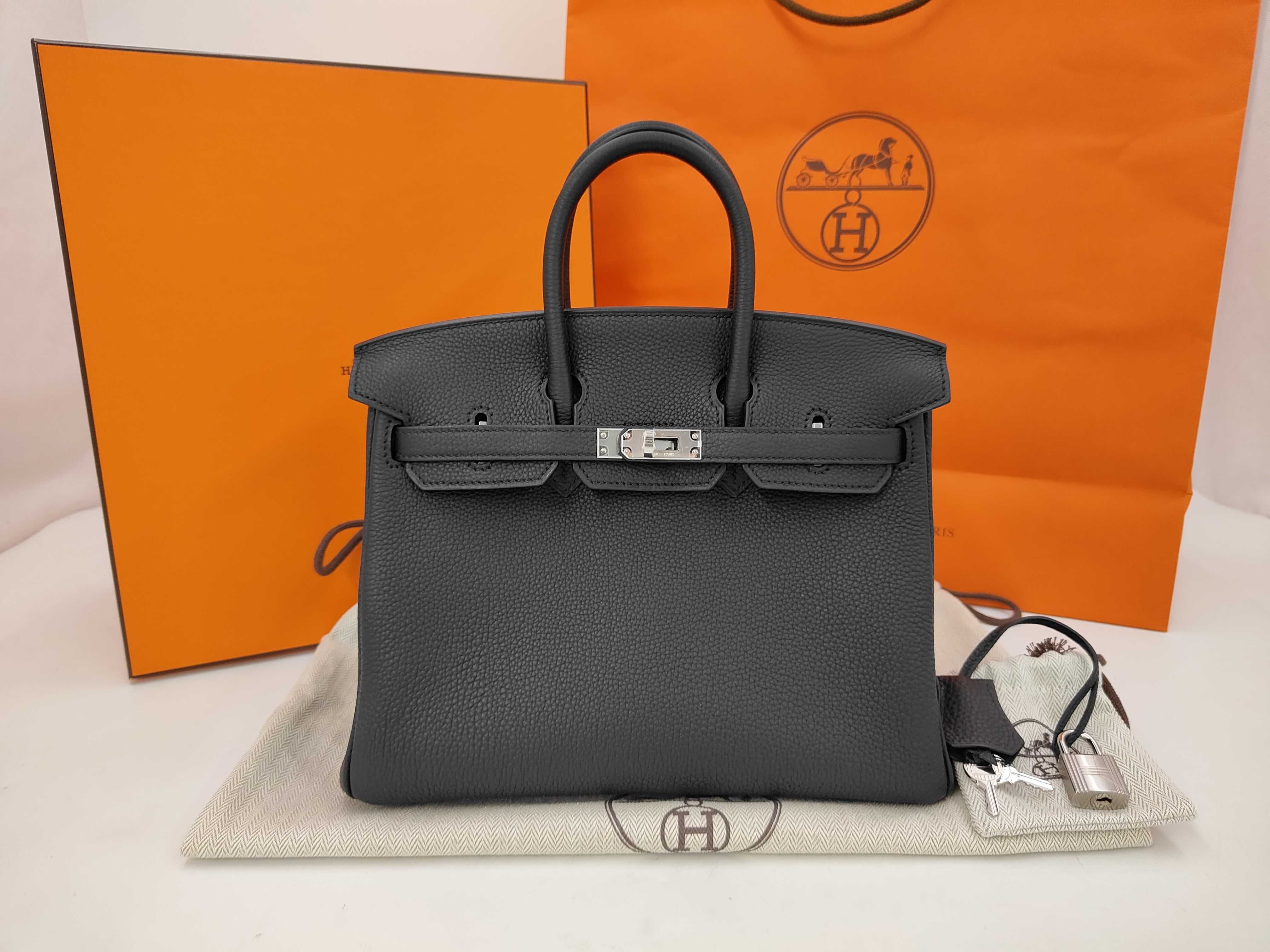 Birkin 25 Togo Black Silver Hardware G Stamp Handbag