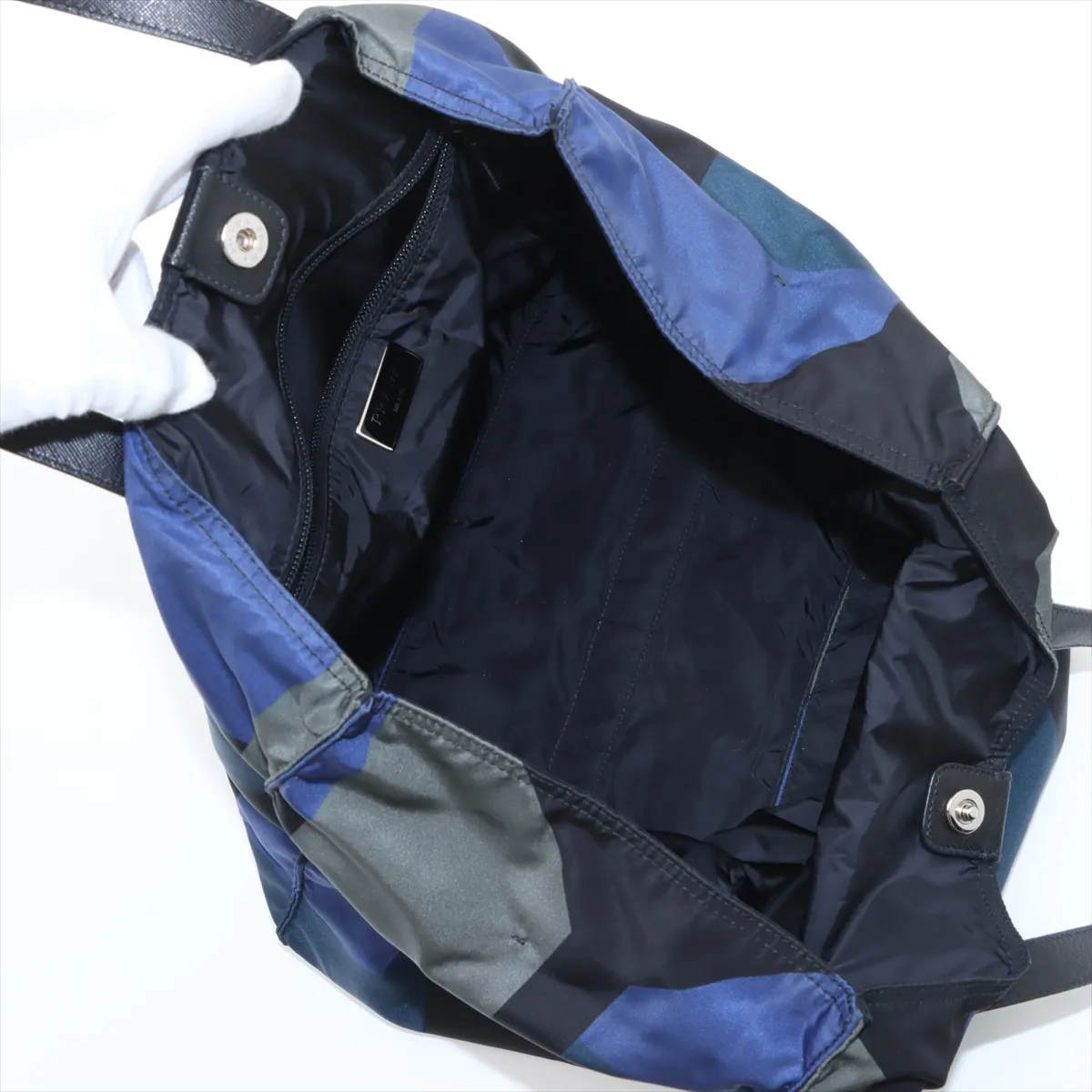 nylon x leather tote bag black x green x blue — view 7