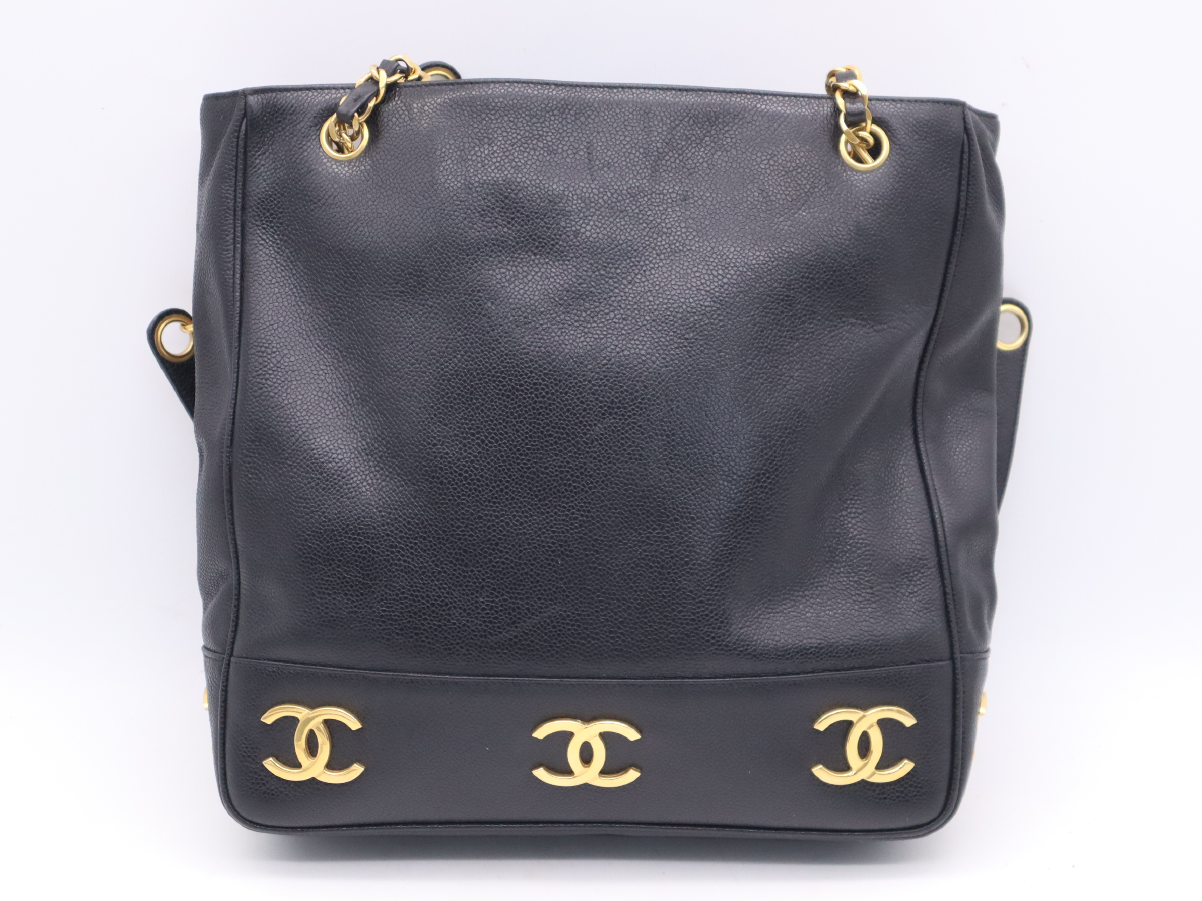 Caviar Skin Triple Coco Chain Tote Bag with Gold Hardware, Black, with seal marks. — view 2