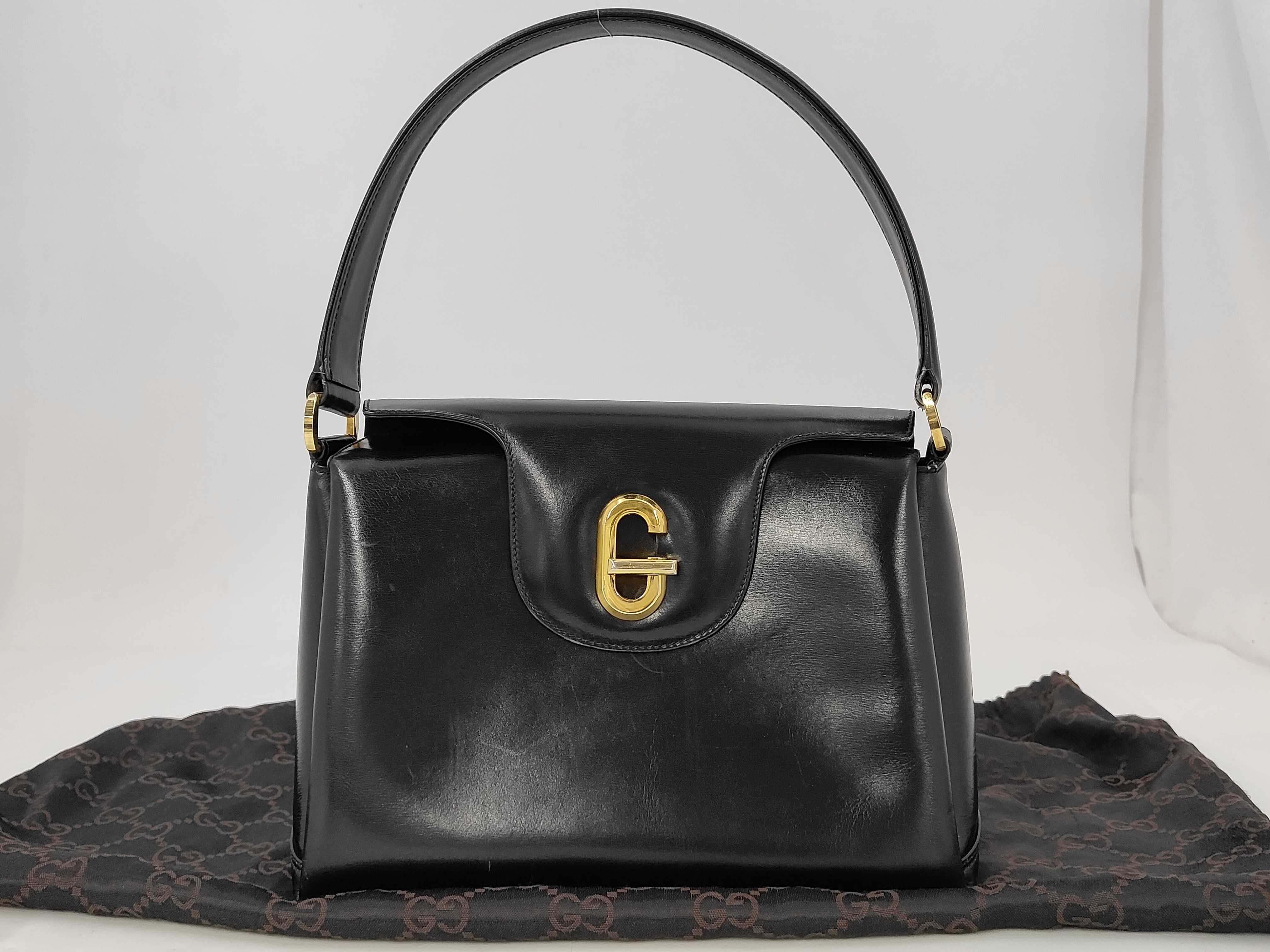 Old Leather Handbag with Flap, Black, Vintage Gucci Handbag