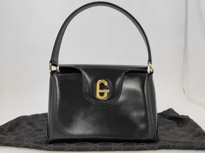 Old Leather Handbag with Flap, Black, Vintage Gucci Handbag