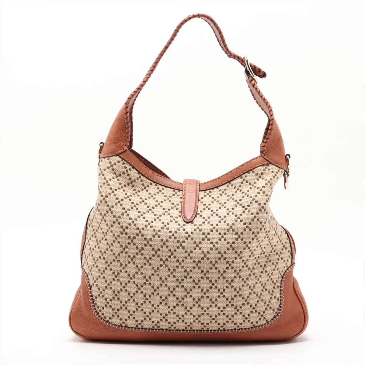 Diamante Jackie Canvas x Leather Shoulder Bag, Beige x Brown, 246907 — view 2