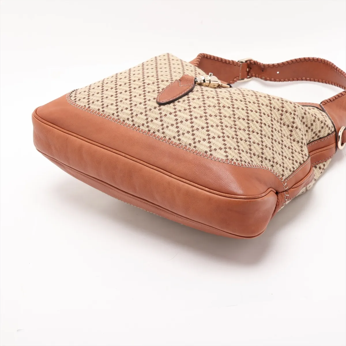 Diamante Jackie Canvas x Leather Shoulder Bag, Beige x Brown, 246907 — view 3