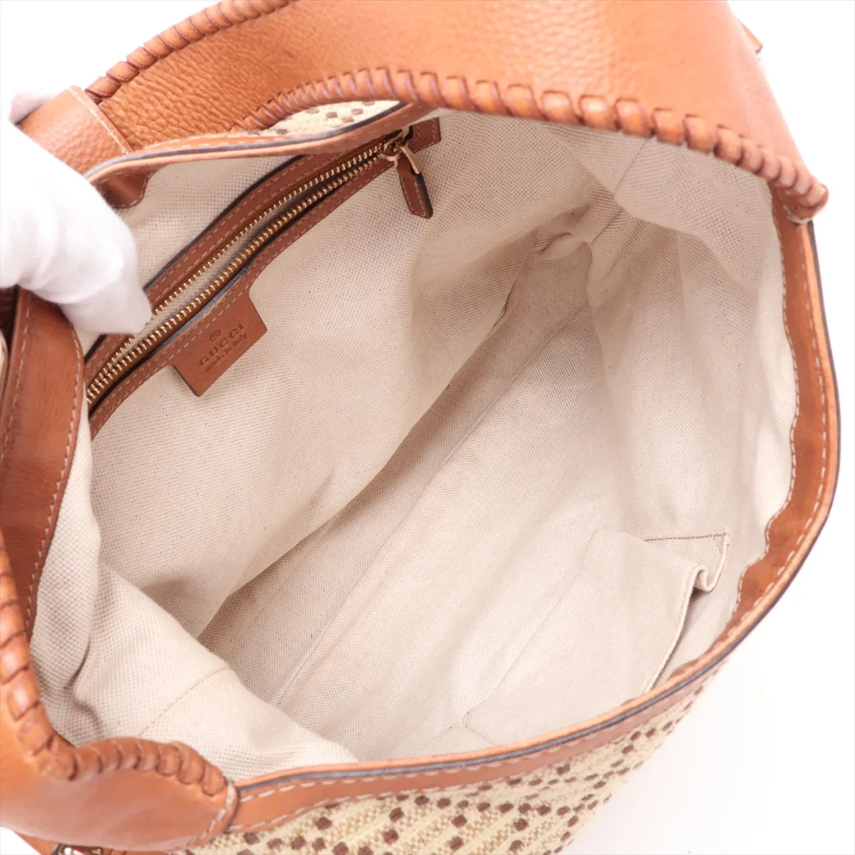 Diamante Jackie Canvas x Leather Shoulder Bag, Beige x Brown, 246907 — view 7