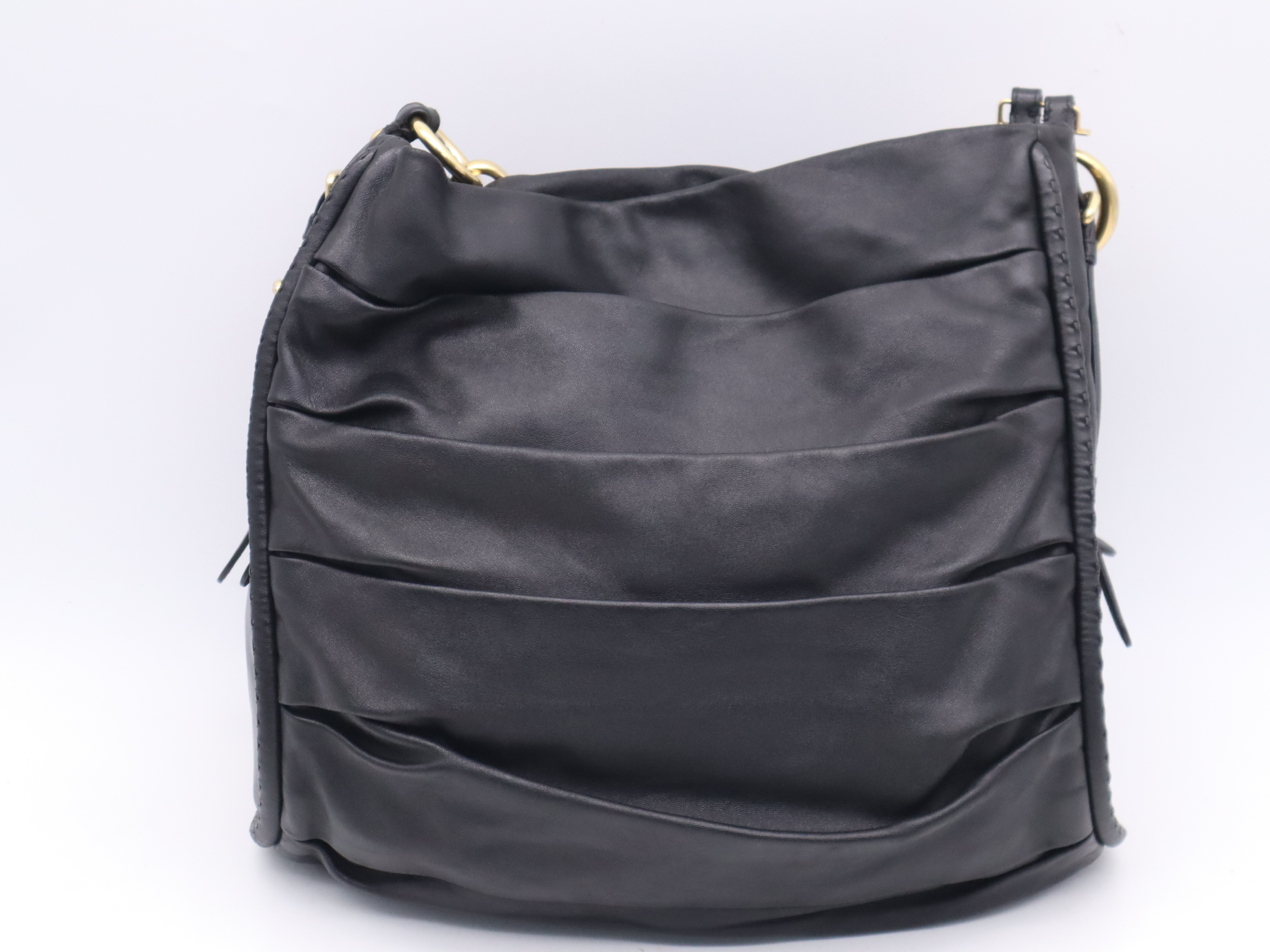 Leather Pleated Hobo Tote Bag, Black with Gold Hardware — view 2