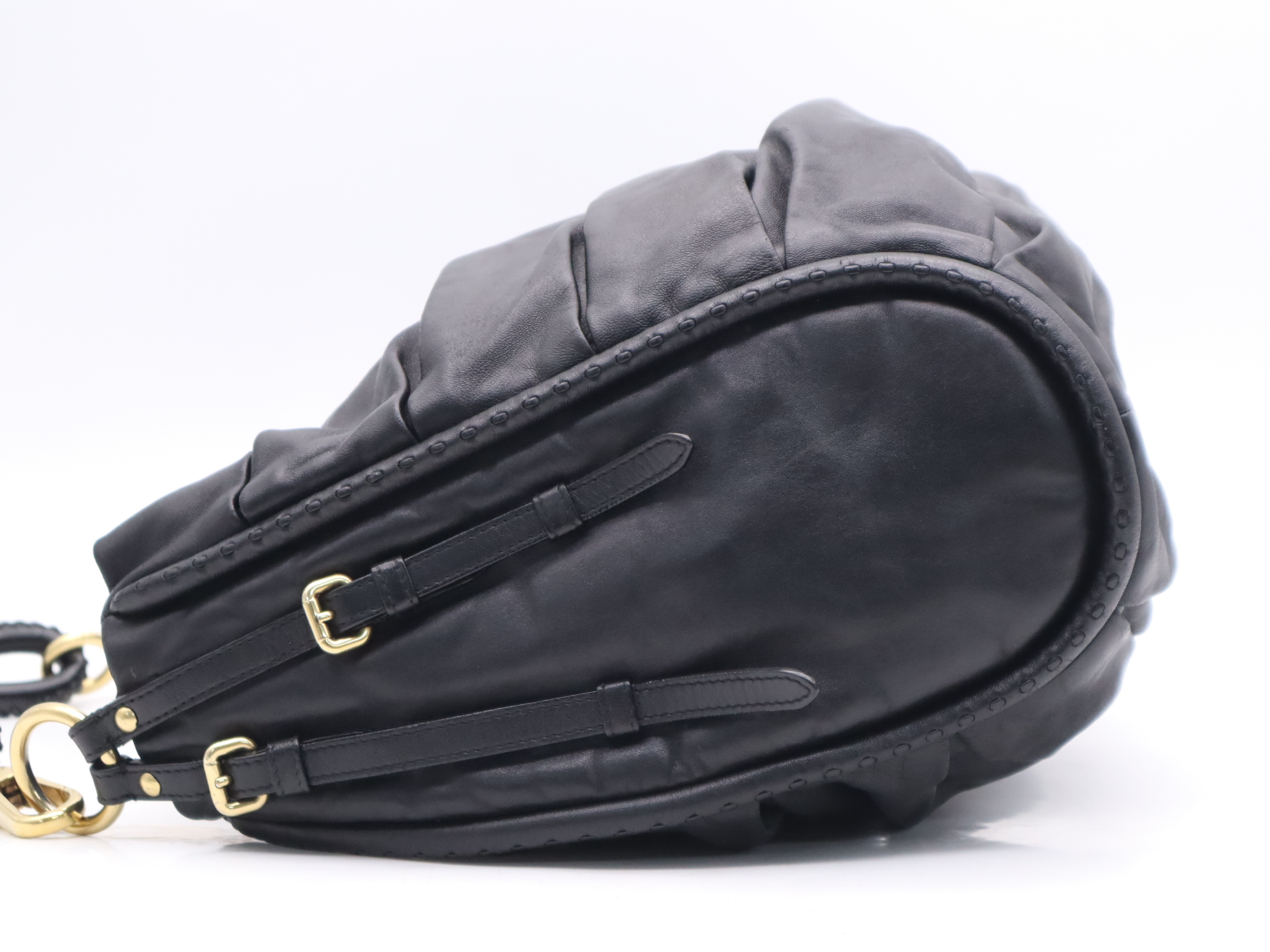 Leather Pleated Hobo Tote Bag, Black with Gold Hardware — view 3