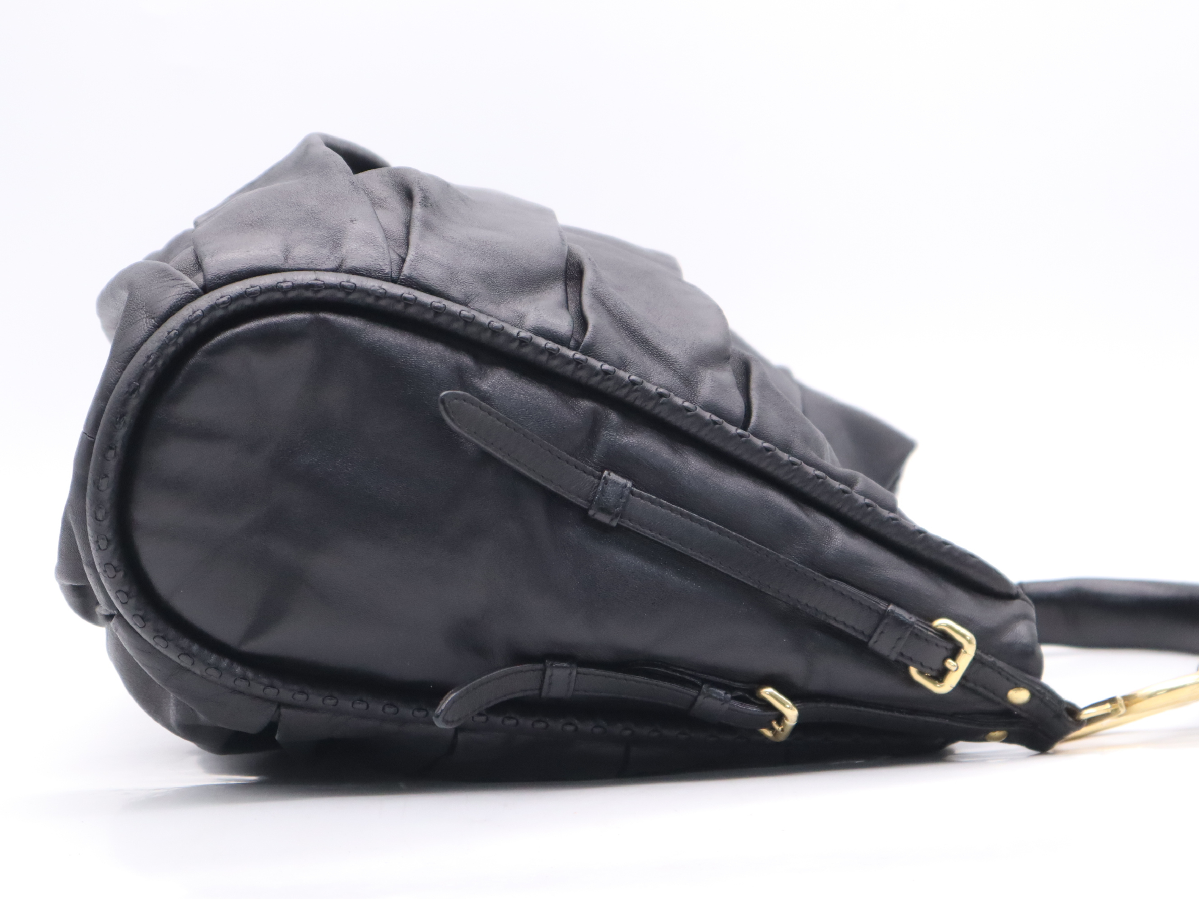 Leather Pleated Hobo Tote Bag, Black with Gold Hardware — view 5