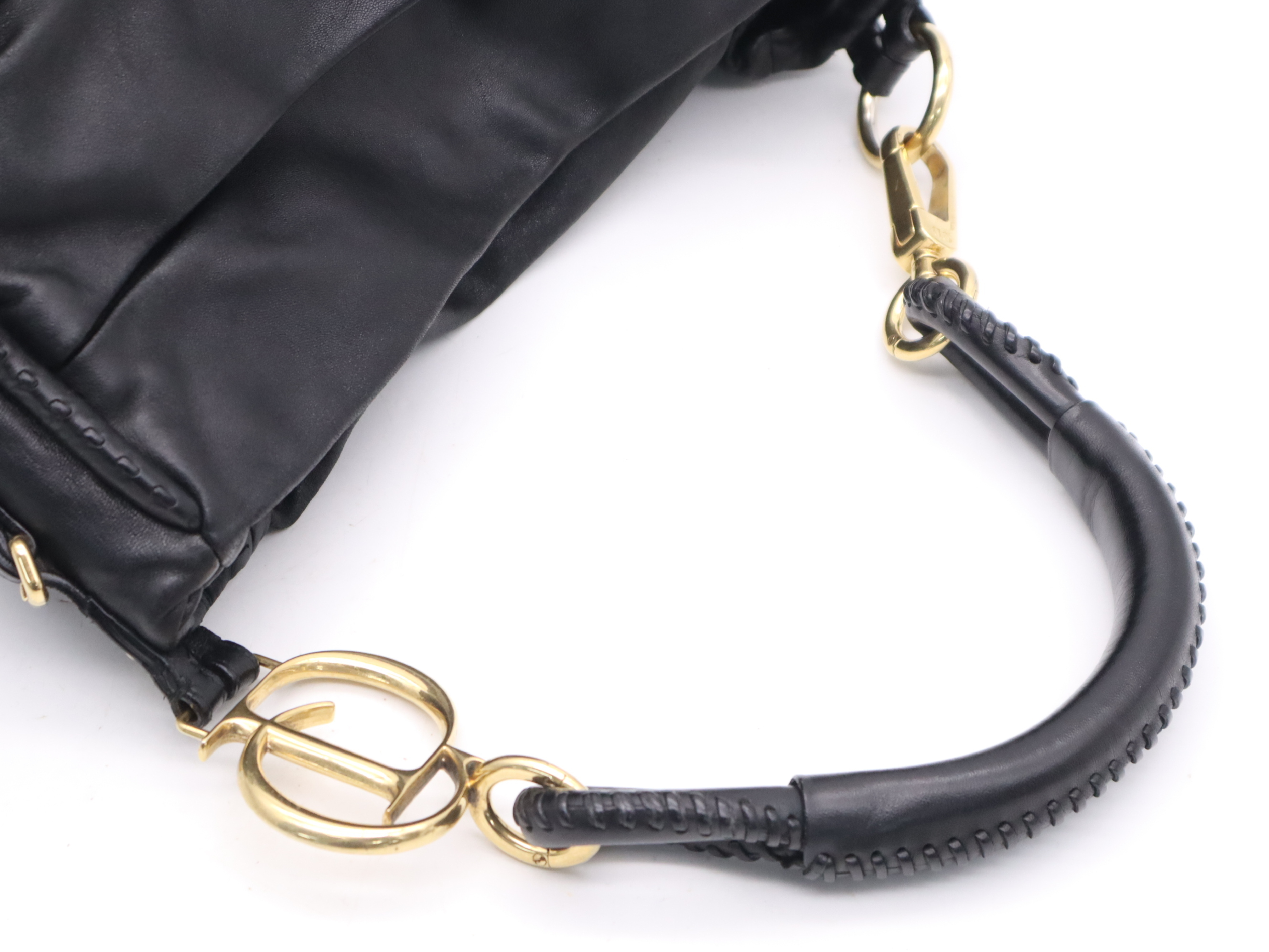Leather Pleated Hobo Tote Bag, Black with Gold Hardware — view 6