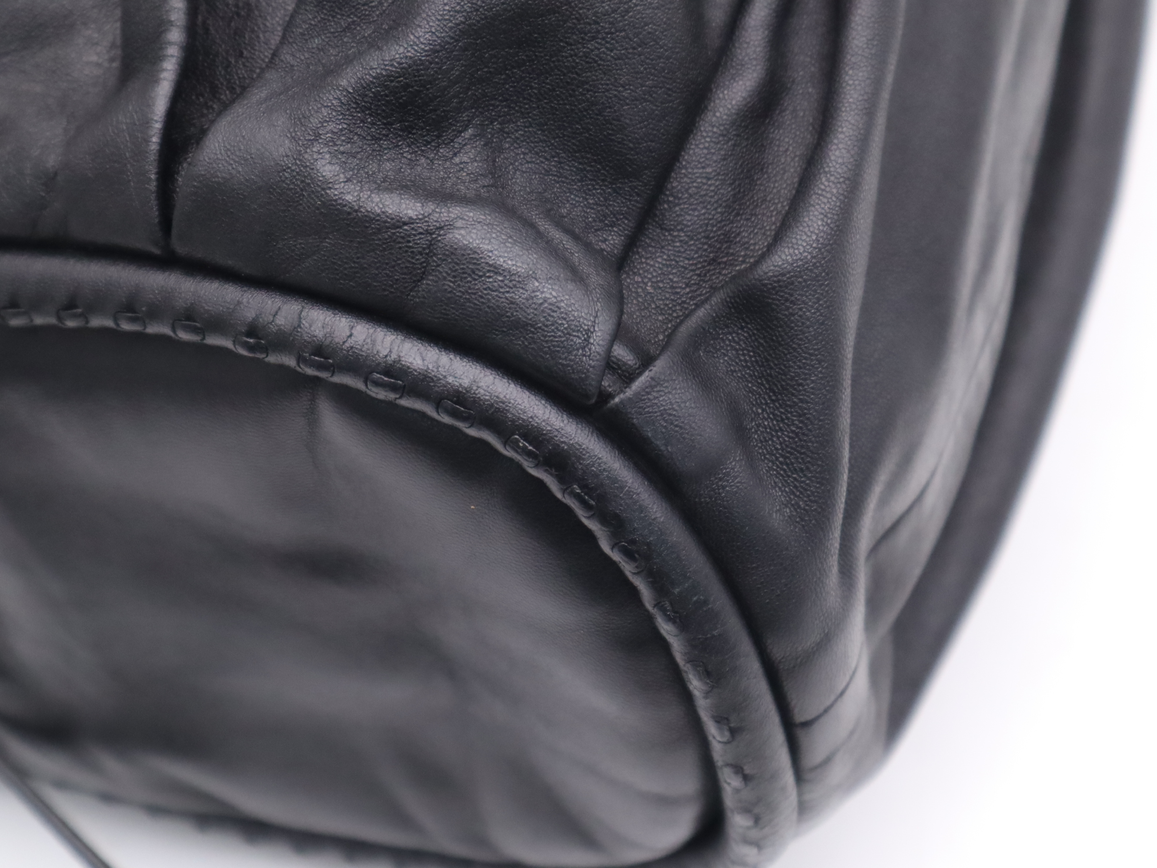 Leather Pleated Hobo Tote Bag, Black with Gold Hardware — view 9