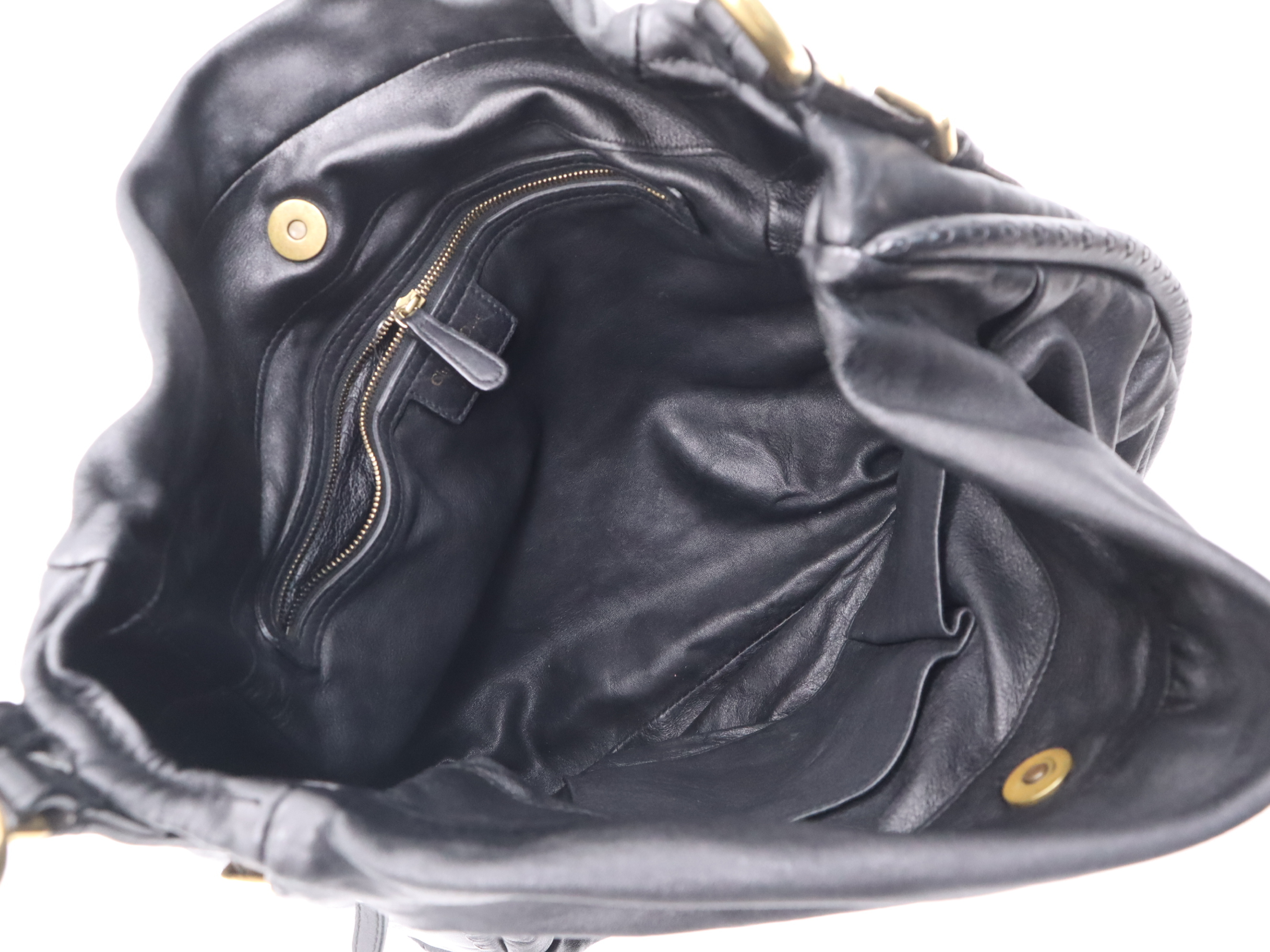 Leather Pleated Hobo Tote Bag, Black with Gold Hardware — view 10