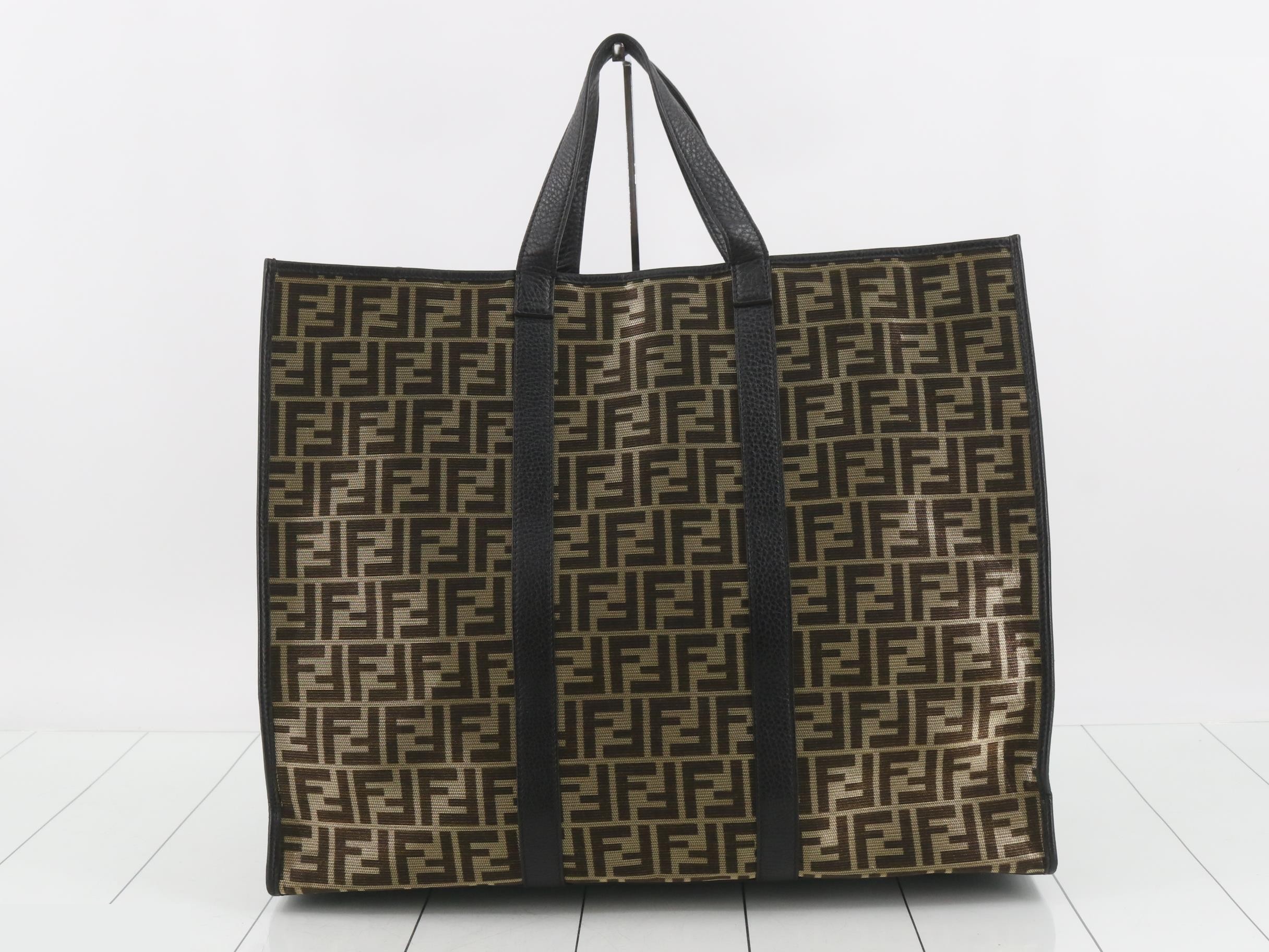 FF Jacquard Tote Bag, Canvas/Leather, Champagne Gold — view 2