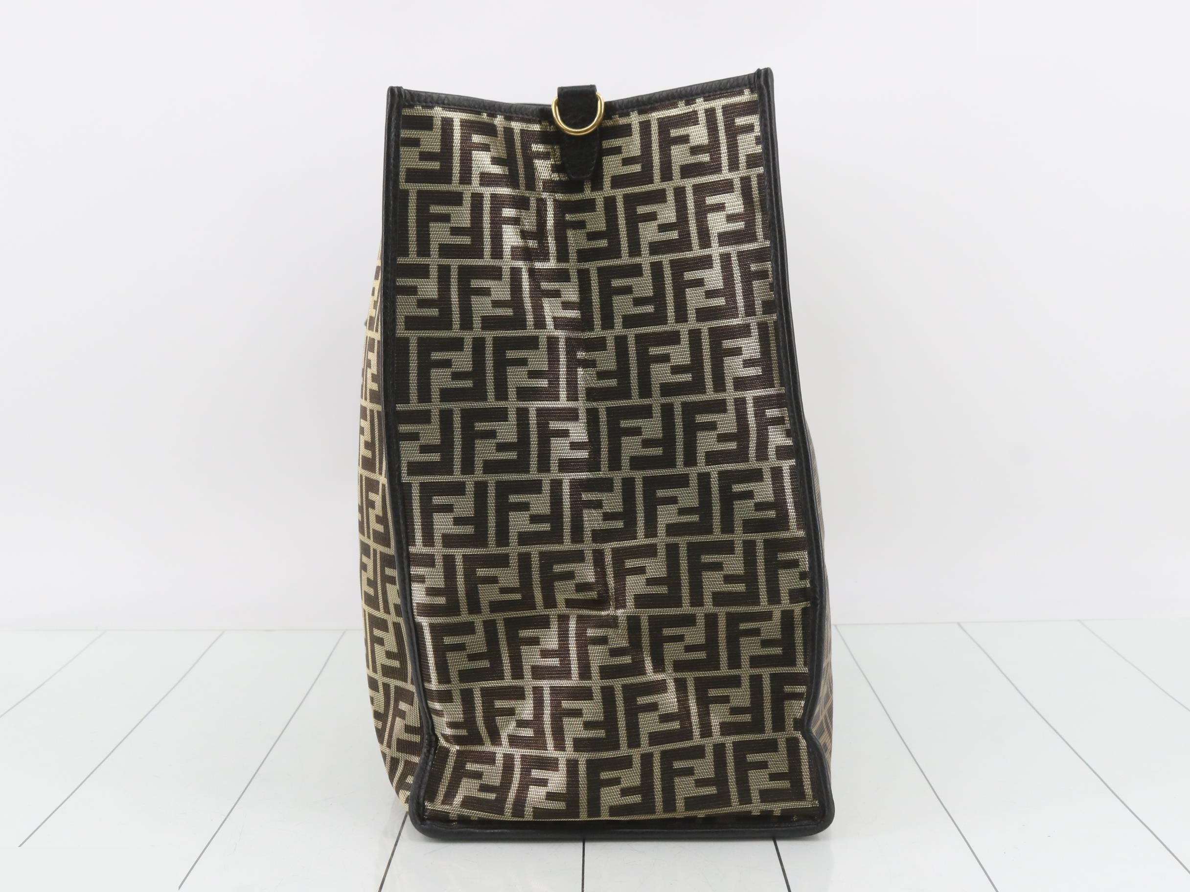 FF Jacquard Tote Bag, Canvas/Leather, Champagne Gold — view 3