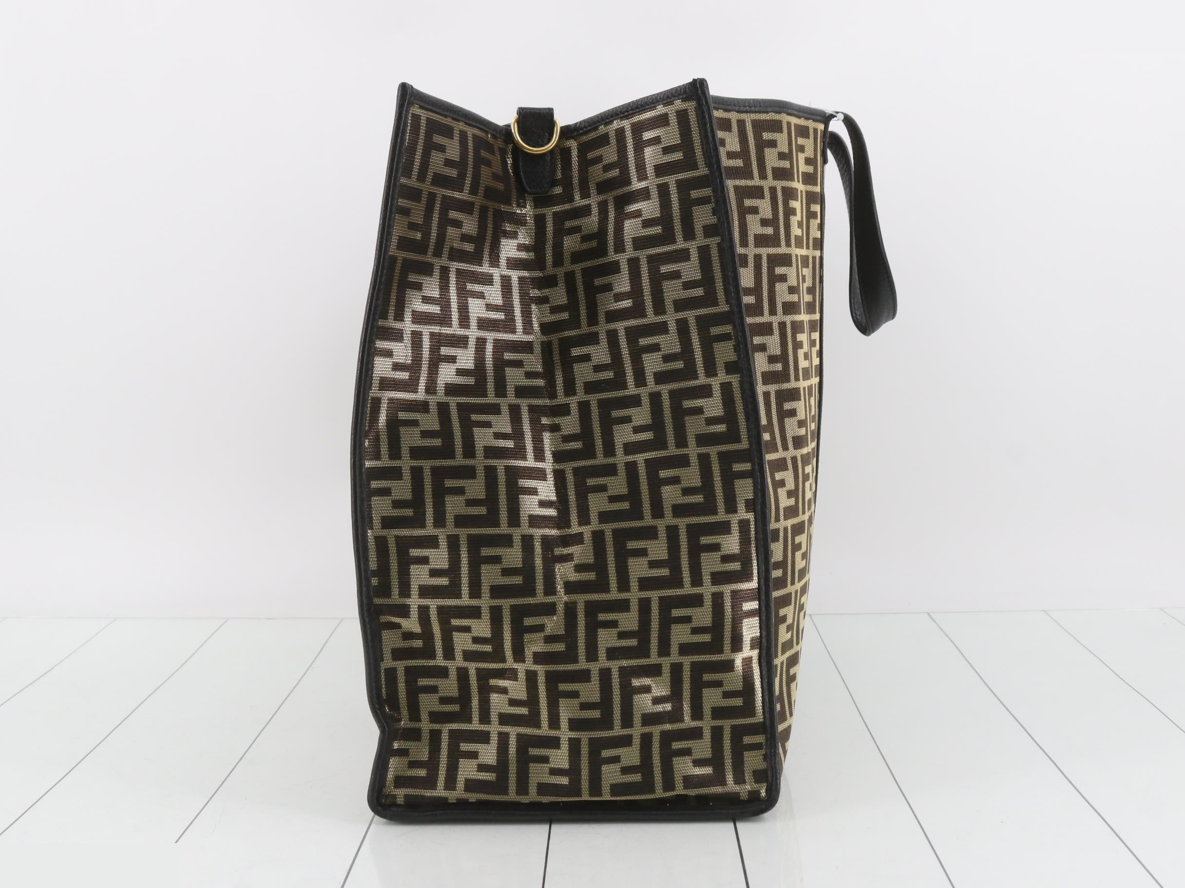 FF Jacquard Tote Bag, Canvas/Leather, Champagne Gold — view 4