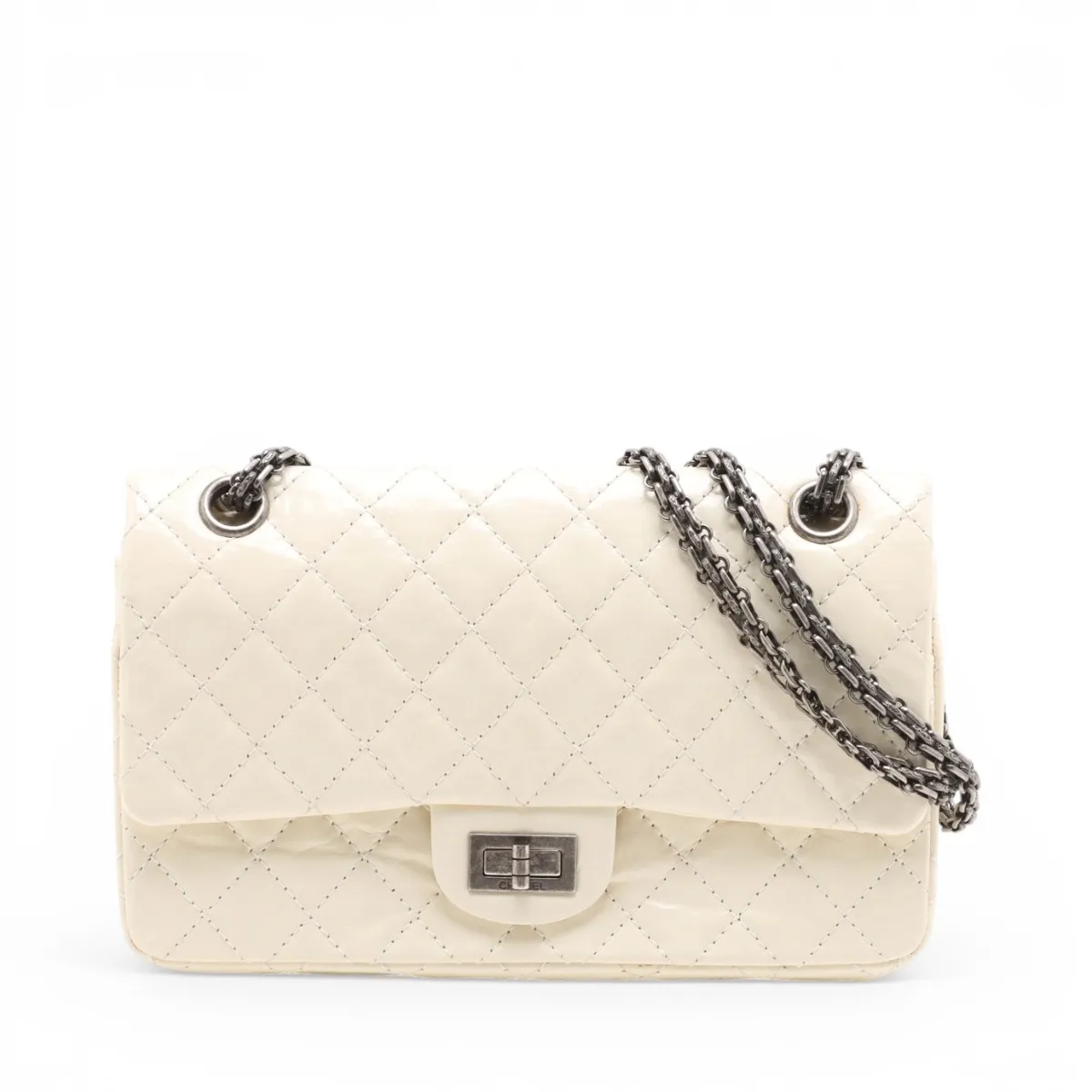 Matelassé 2.55 Vintage Calf Double Flap Double Chain Bag, Ivory with Gunmetal Hardware, 20840046 (Serial Number in the 20s), A37586