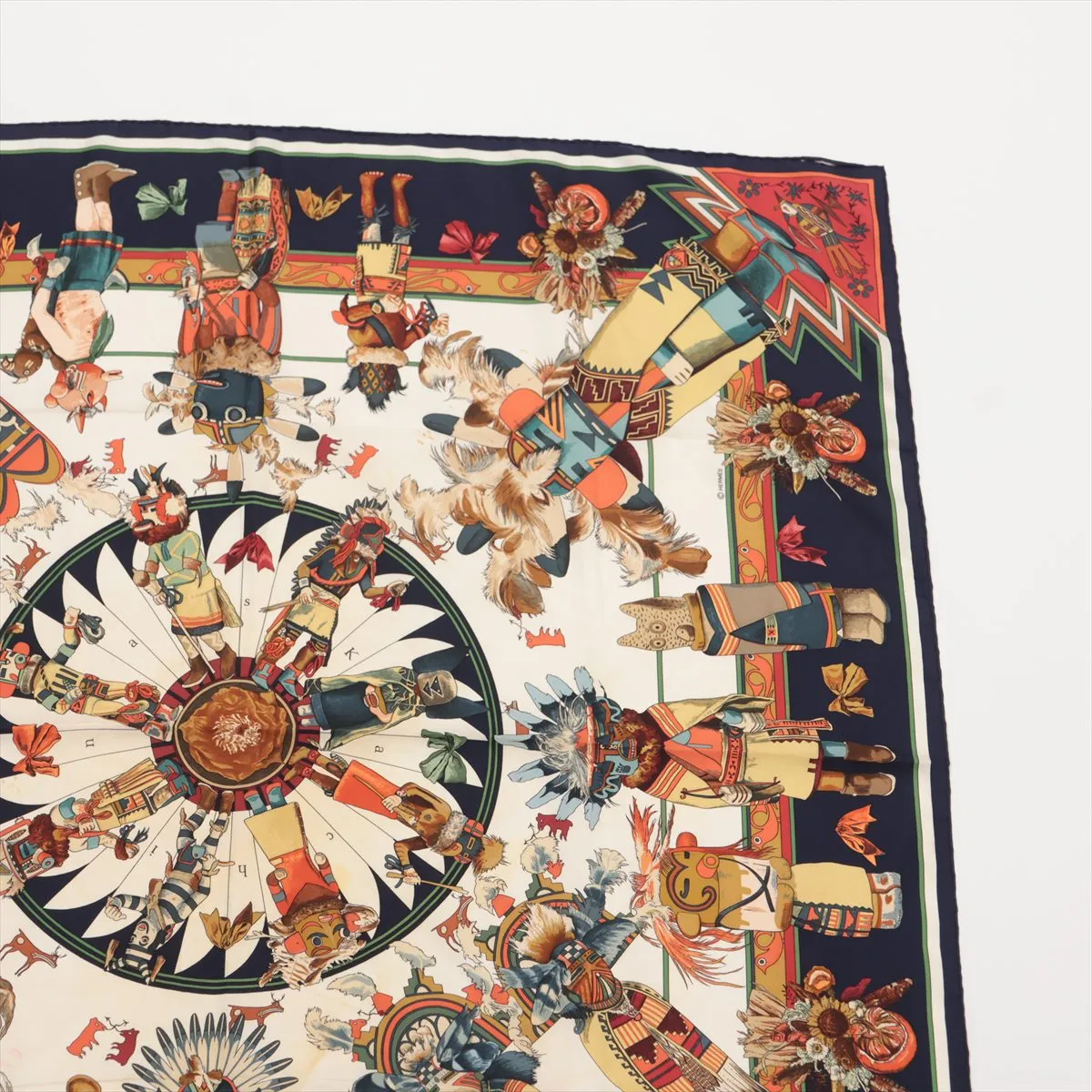 Carre 90 Kachinas silk scarf, navy. Shows wear, — view 2