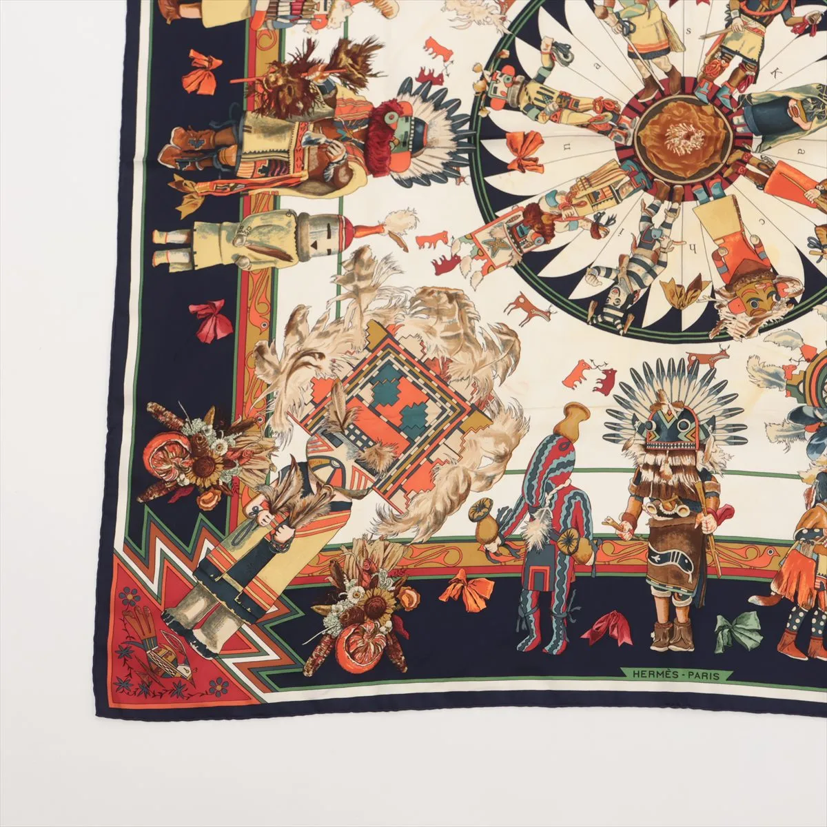 Carre 90 Kachinas silk scarf, navy. Shows wear, — view 4