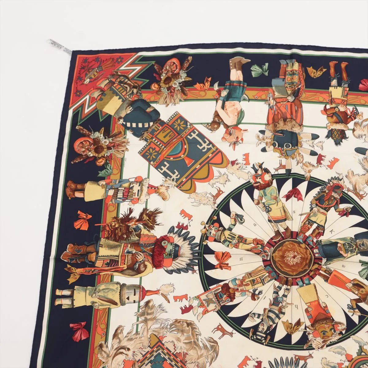 Carre 90 Kachinas silk scarf, navy. Shows wear, — view 5