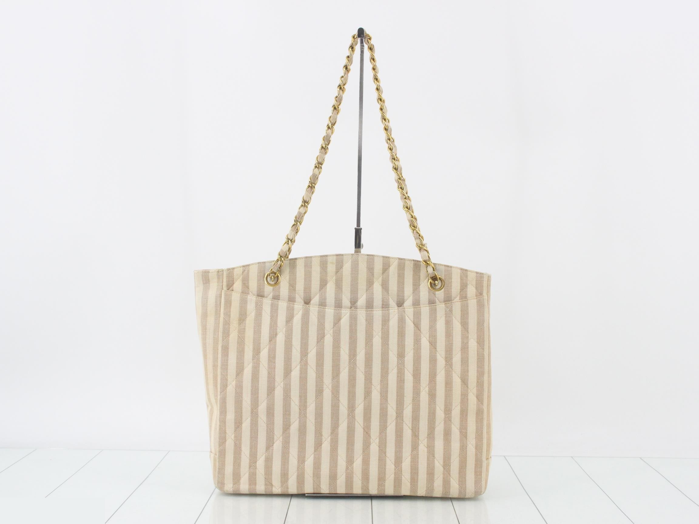 Striped tote bag, shoulder bag, chain strap, beige canvas. — view 2