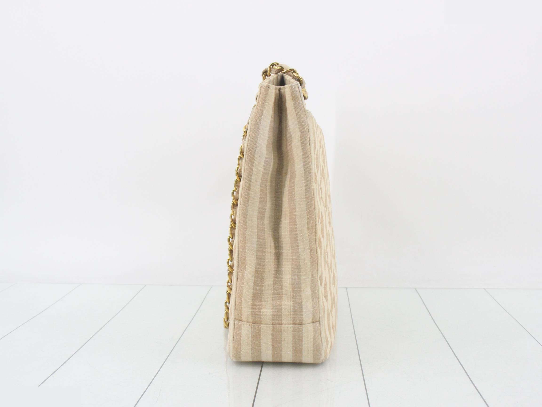 Striped tote bag, shoulder bag, chain strap, beige canvas. — view 4