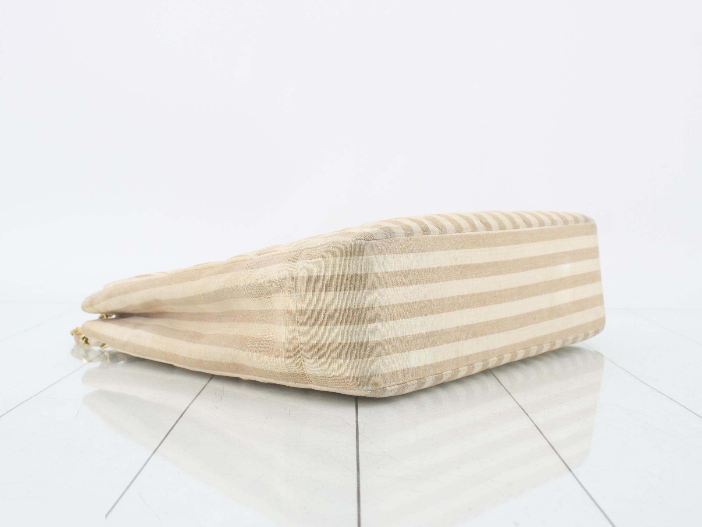 Striped tote bag, shoulder bag, chain strap, beige canvas. — view 5