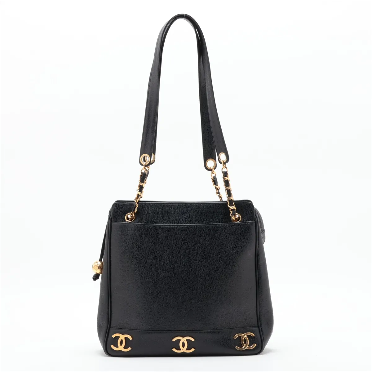 Triple Coco Caviar Skin Chain Shoulder Bag, Black with Gold Hardware