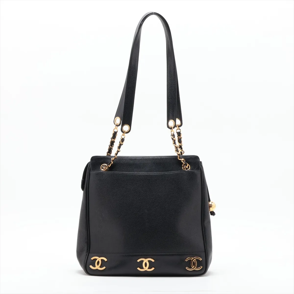 Triple Coco Caviar Skin Chain Shoulder Bag, Black with Gold Hardware — view 2