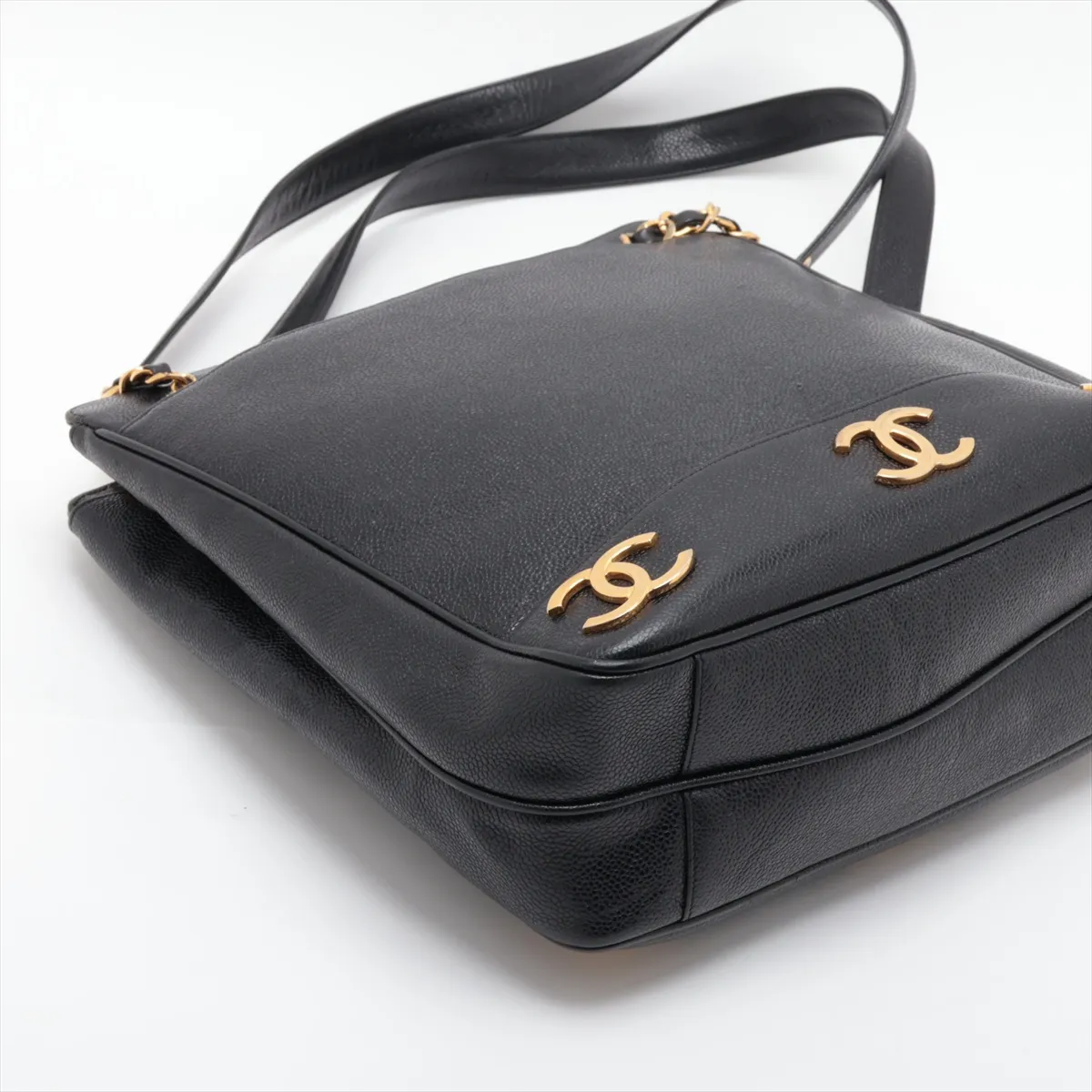 Triple Coco Caviar Skin Chain Shoulder Bag, Black with Gold Hardware — view 4
