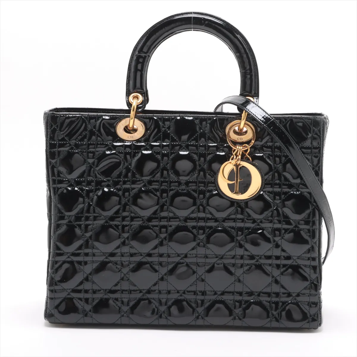 Lady Dior Cannage Large Patent Leather 2WAY Handbag Black