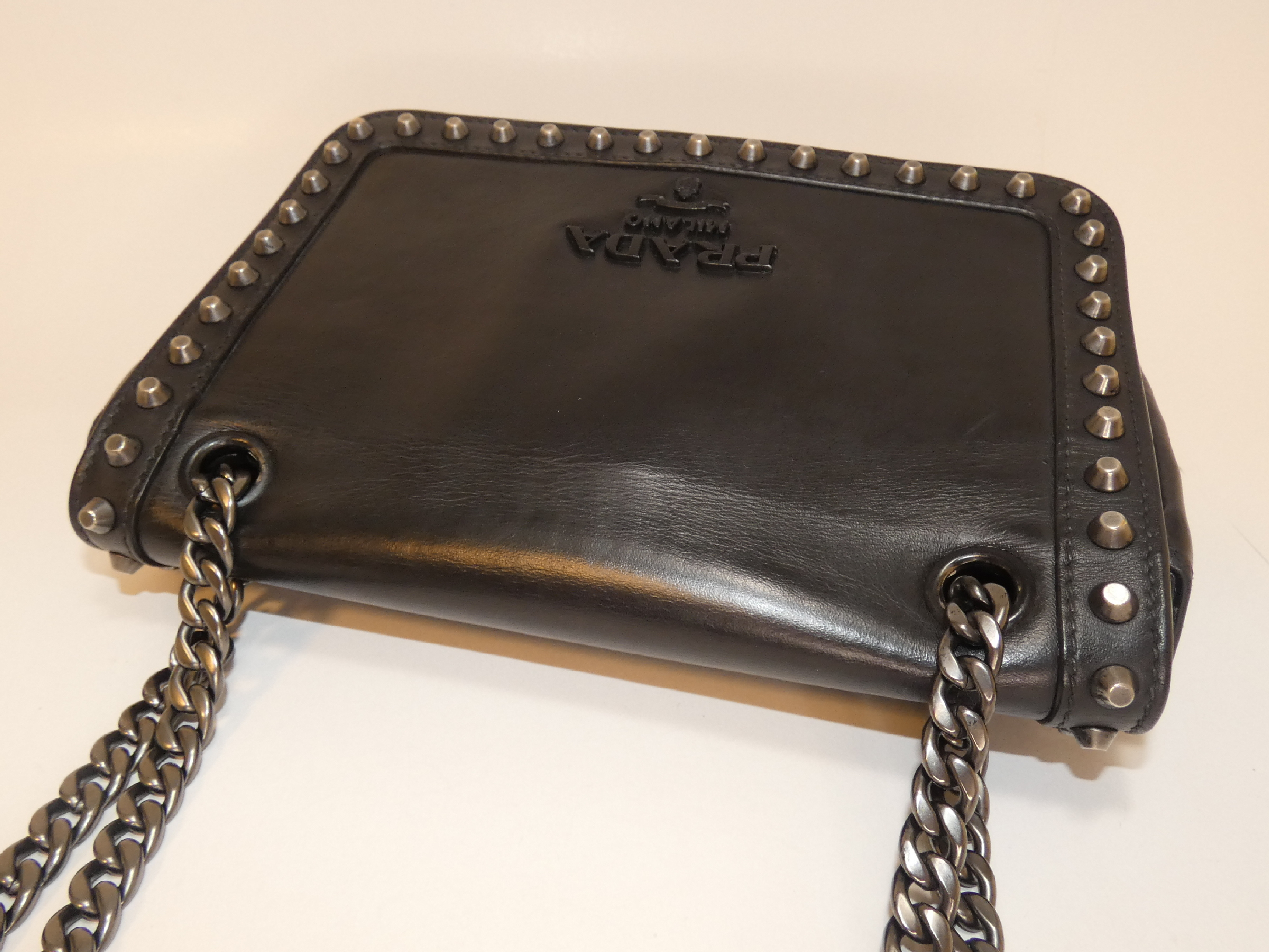 Studded Front Logo Calfskin Black Chain Shoulder Bag — view 3